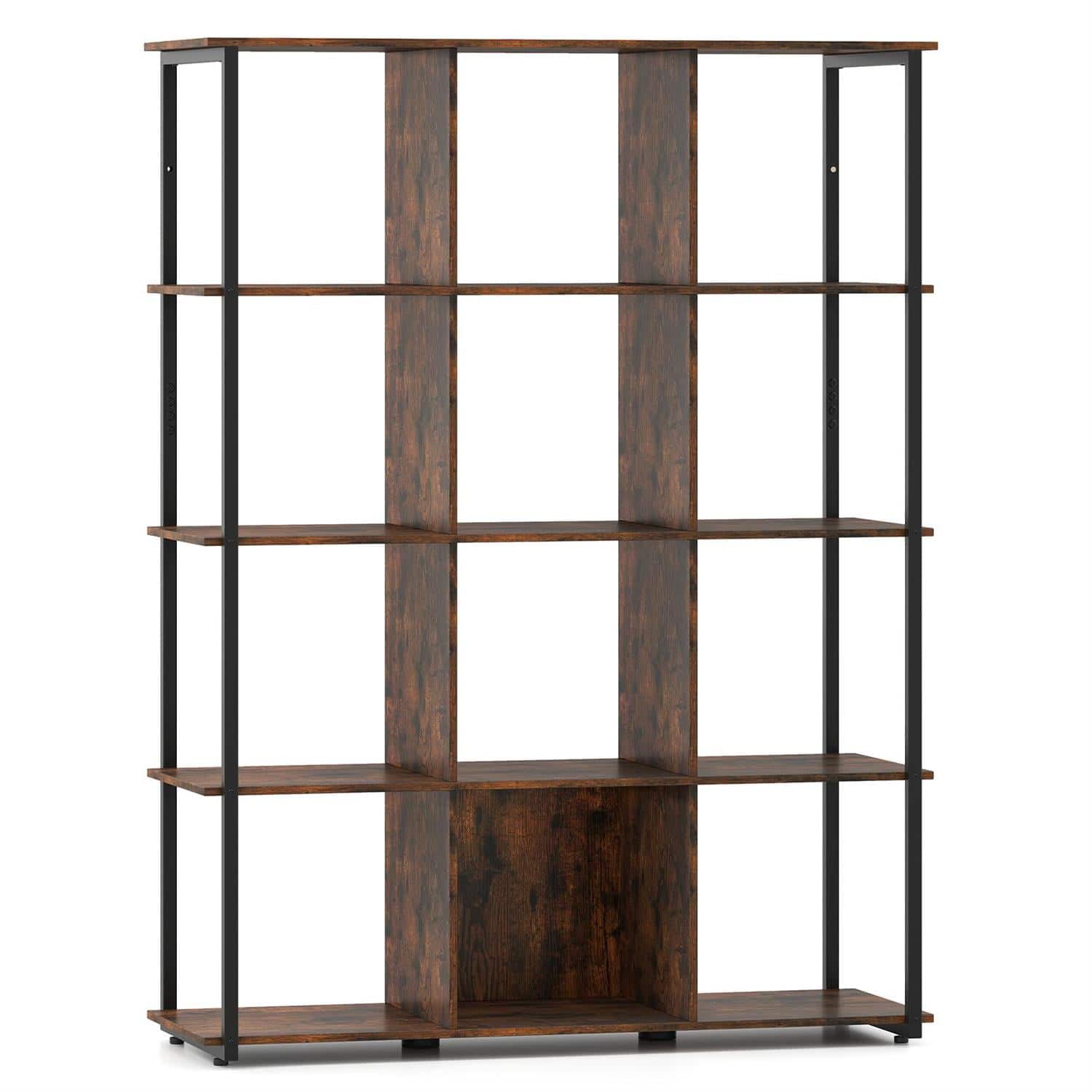 Pefilos - 12-Cube Bookcase - Metal Frame Adjustable Feet, 2 Anti-Tipping Accessories, Living Room Organizer, Rustic - Brown