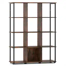 Pefilos - 12-Cube Bookcase - Metal Frame Adjustable Feet, 2 Anti-Tipping Accessories, Living Room Organizer, Rustic - Brown