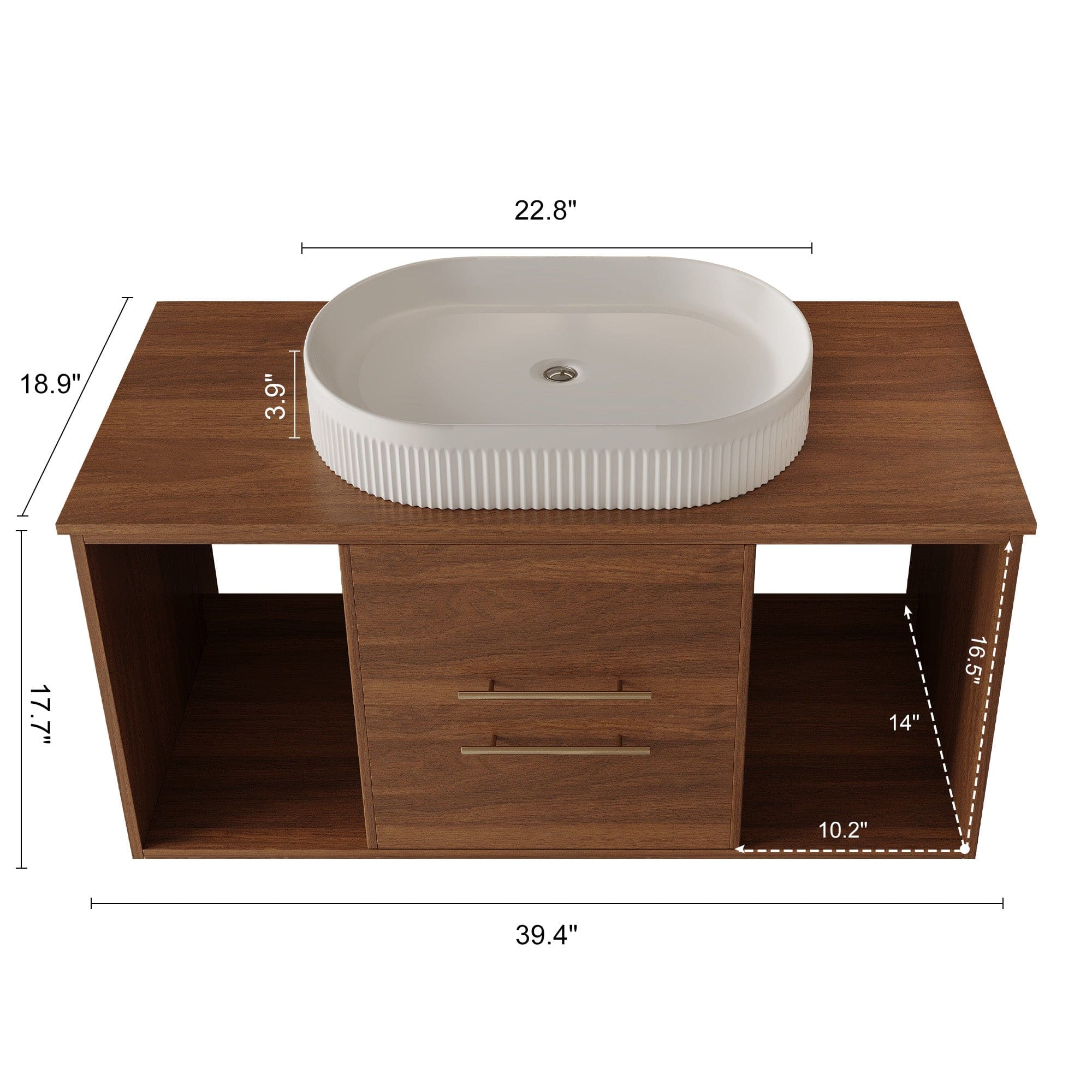 Boyel Living - 39.4 In Wall Mounted Bathroom Vanity Oval Ceramic Sink Solid Wood Soft Close Drawers - Walnut