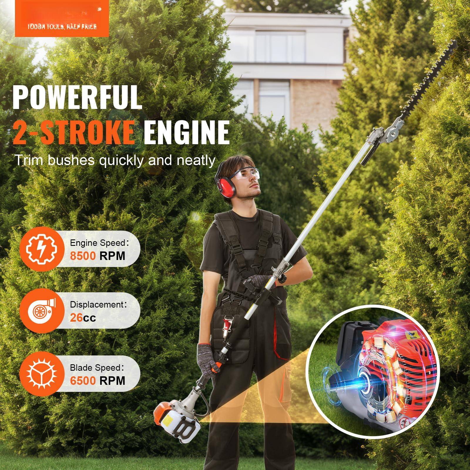 **POWERFUL 2-STROKE ENGINE**  
Trim bushes quickly and neatly

- **Engine Speed:** 8500 RPM
- **Displacement:** 26cc
- **Blade Speed:** 6500 RPM