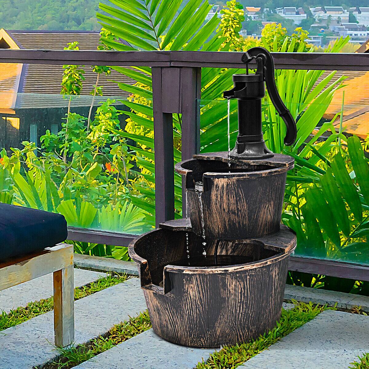 Alt View 2. Gymax - Gymax 2 Tier Barrel Waterfall Fountain Barrel Water Fountain Pump Outdoor Garden - Imitating Bronze Color.