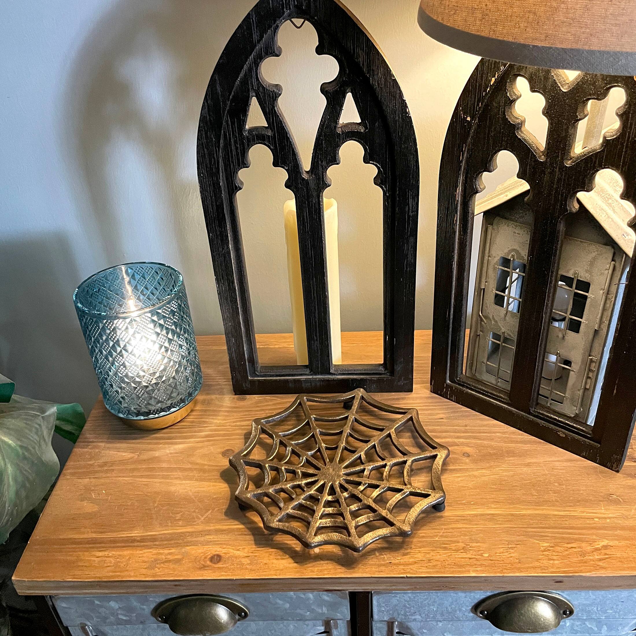 Alt View 5. Zeckos - Cast Iron Spider Web Trivet 8" Bronze Gothic Decor, Kitchen Heat Resistant Mat - Bronze.