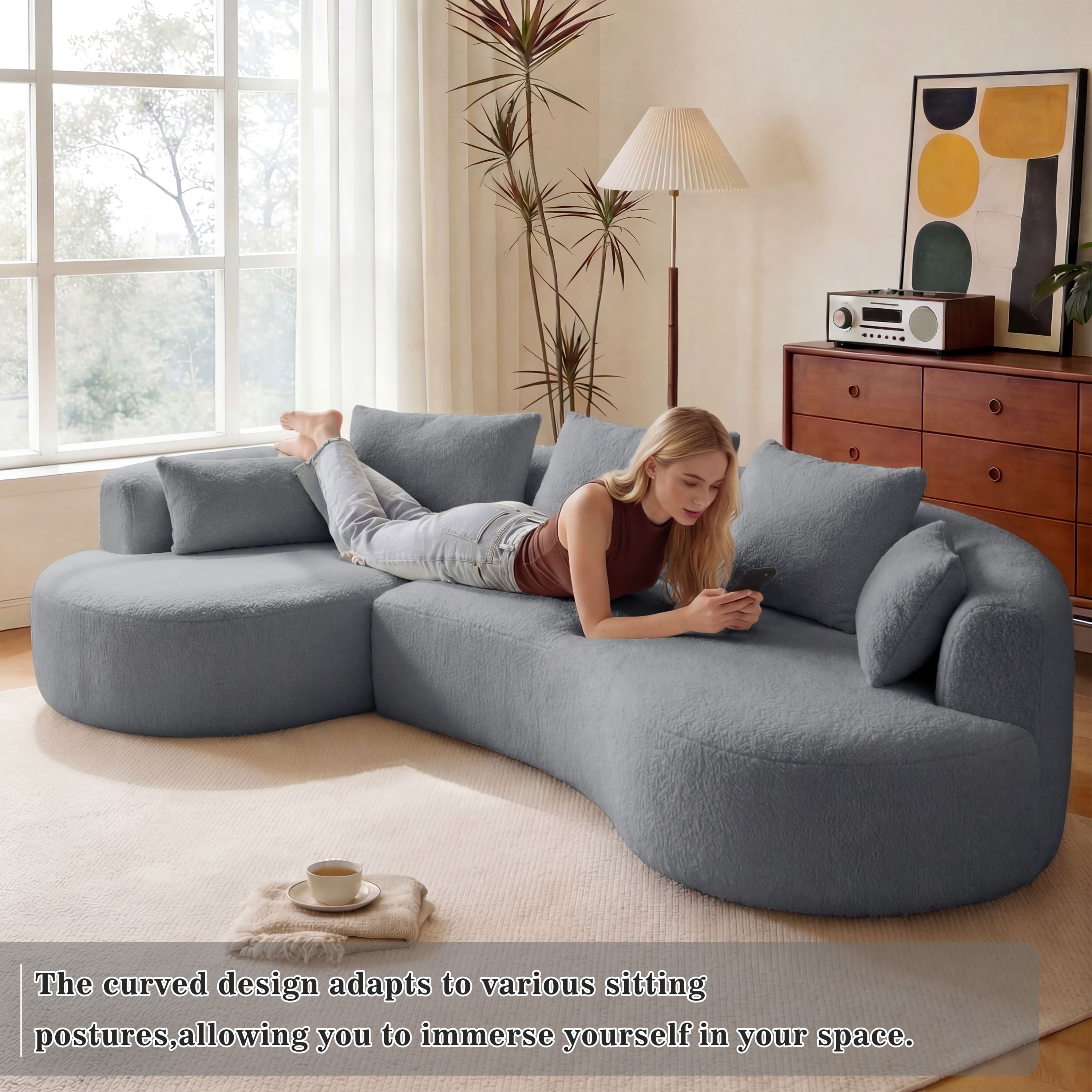 Dyonery - lambskin full-compression irregular-shaped sofa, left recliner, gray. - Gray