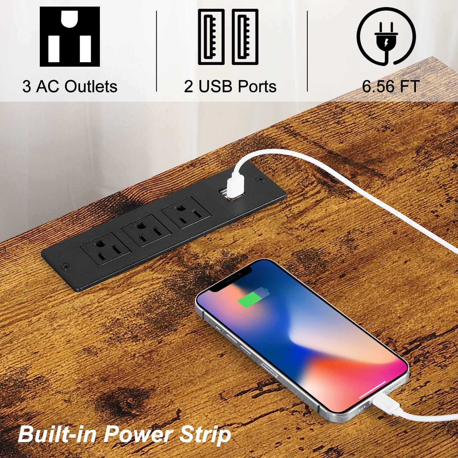 3 AC Outlets, 2 USB Ports, 6.56 FT Built-in Power Strip