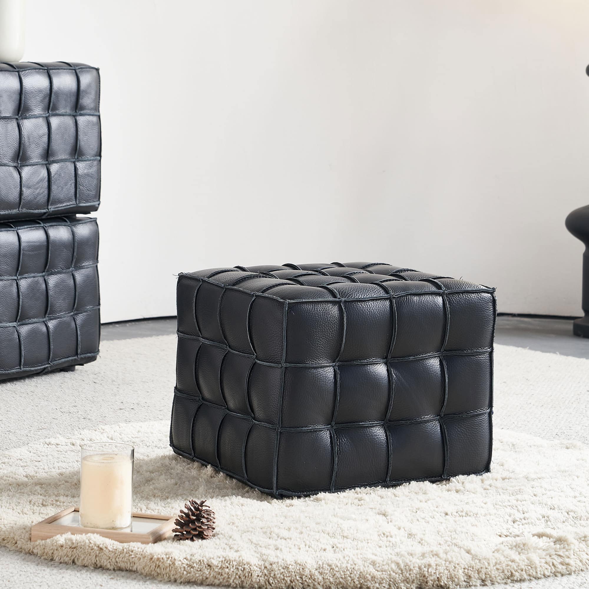 GOODSILO - Genuine Leather Tufted Ottoman with Solid Wood Frame for Living Room and Bedroom Footrest and Seating - Black