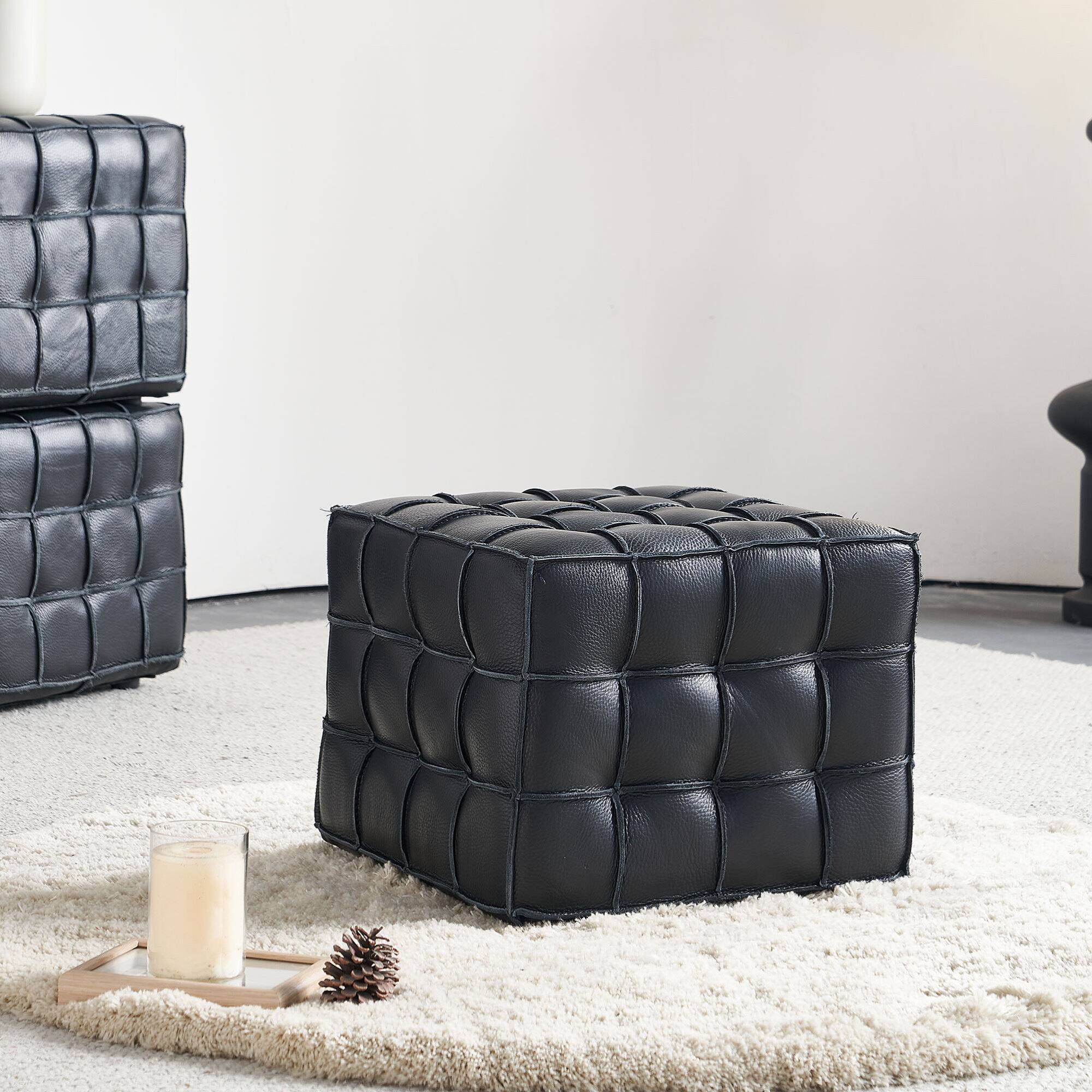 GOODSILO - Genuine Leather Tufted Ottoman with Solid Wood Frame for Living Room and Bedroom Footrest and Seating - Black