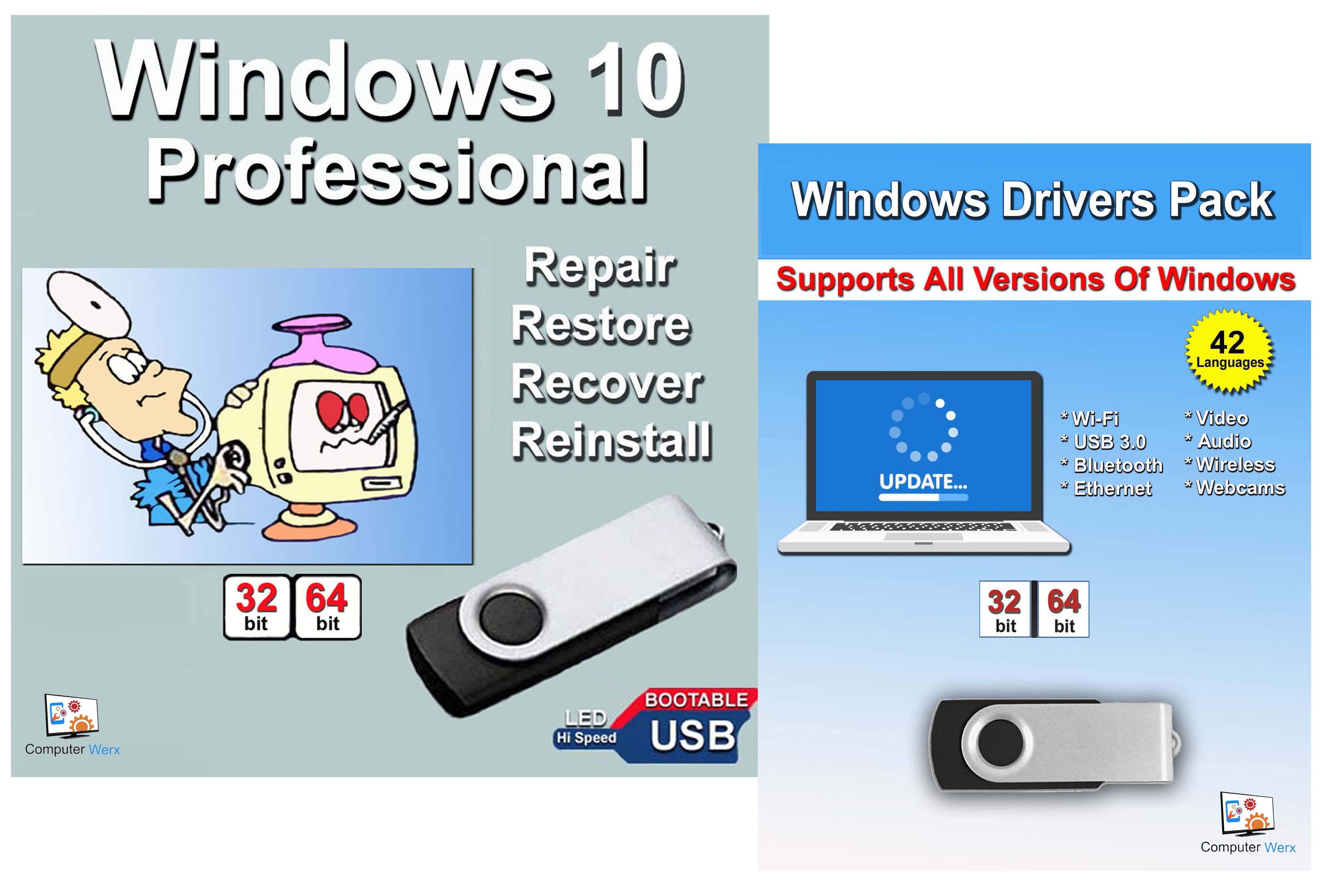 Computer Werx - Windows 10 Professional 32/64 bit Repair Recover Restore Reinstall USB with Key & Windows Drivers - Windows