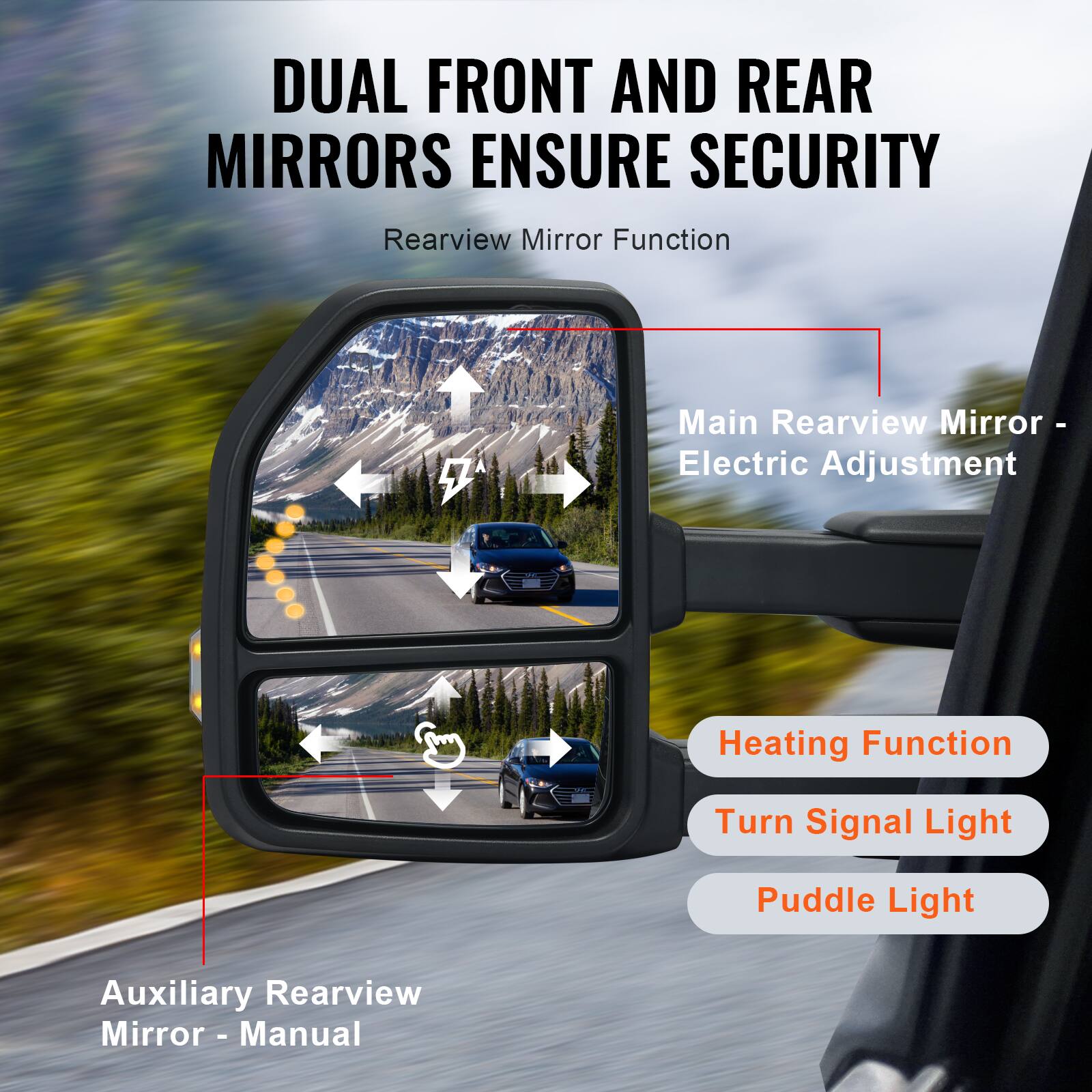 DUAL FRONT AND REAR MIRRORS ENSURE SECURITY

Rearview Mirror Function

Main Rearview Mirror - Electric Adjustment

Heating Function

Turn Signal Light

Puddle Light

Auxiliary Rearview Mirror - Manual