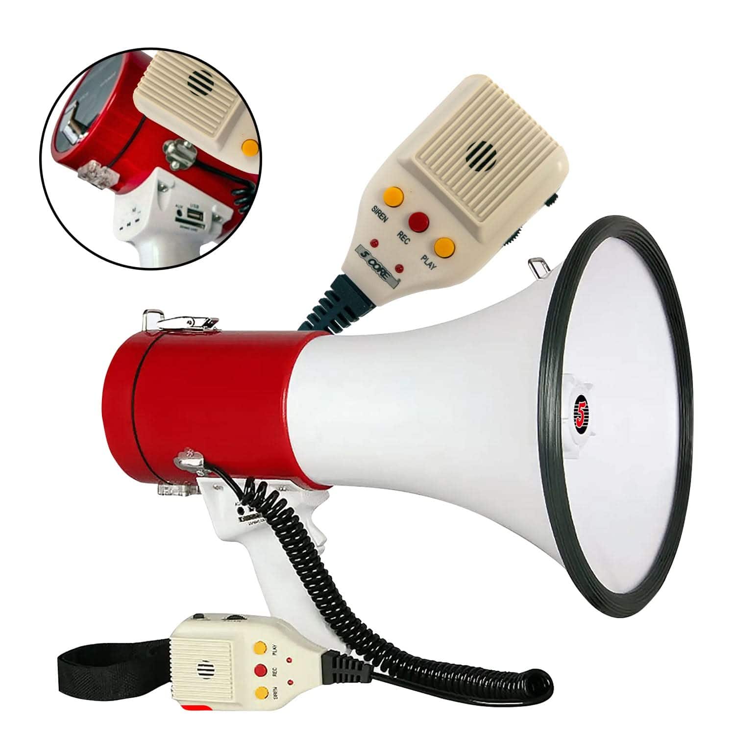 5 CORE - Megaphone Bullhorn Speaker 50W Bull Horn Cheer Megafono 1200 Yards - White