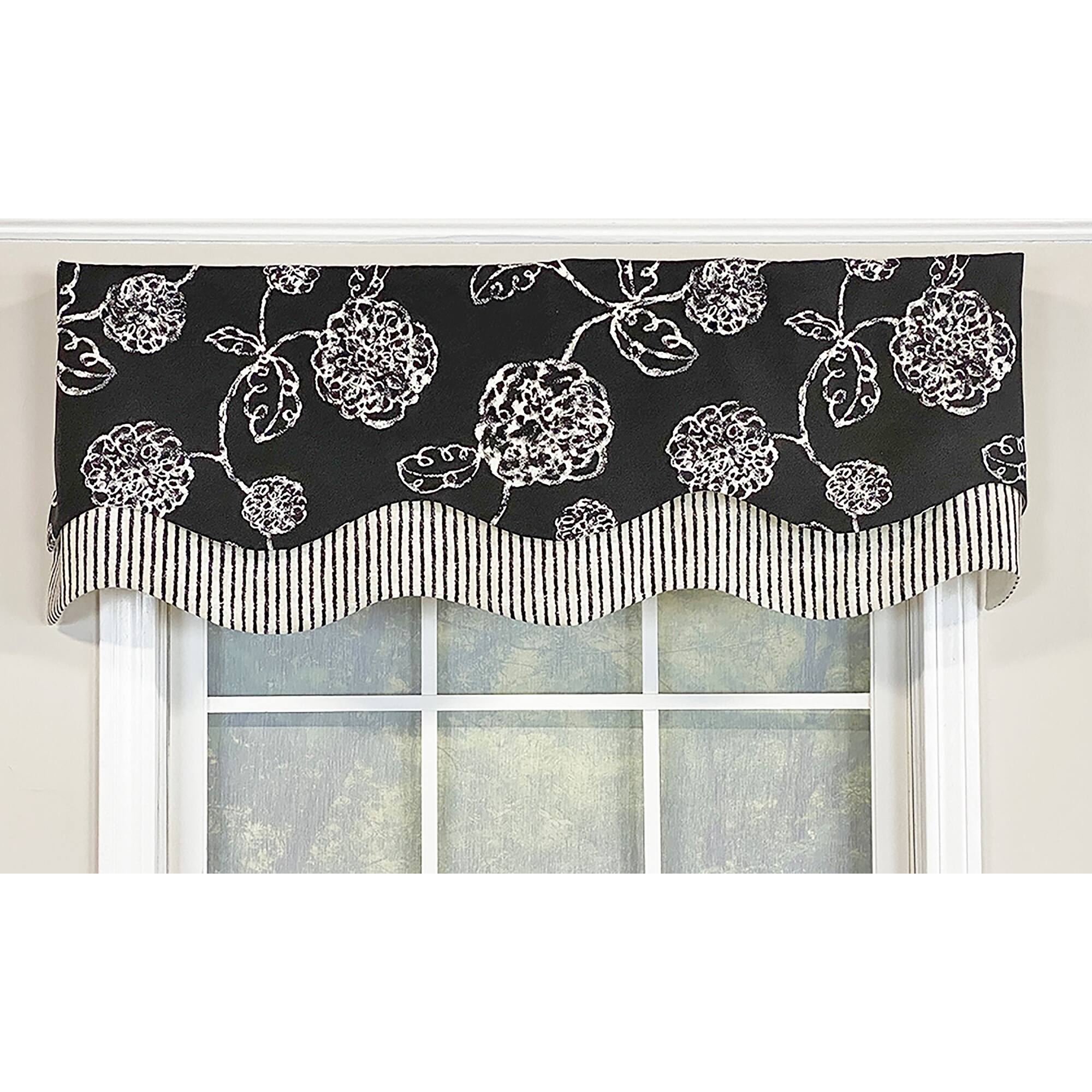 Angle. RLF Home - RLF Home Pouf Floral Glory Valance Black. 3" Rod Pocket, Layered. 50" x 16" - Black.