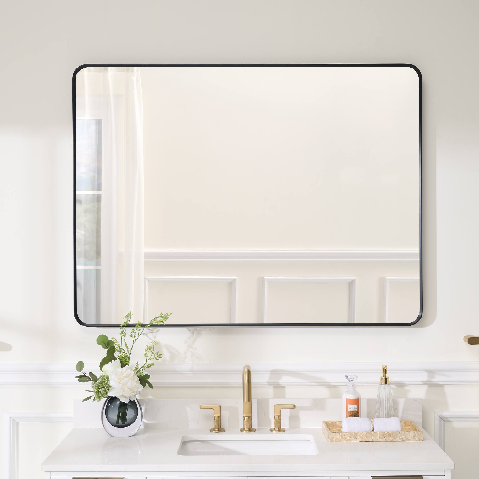 Back. WELLFOR - 48 in. W x 36 in. H Rectangular Aluminum Framed Wall-Mounted Bathroom Vanity Mirror - Matte Black.
