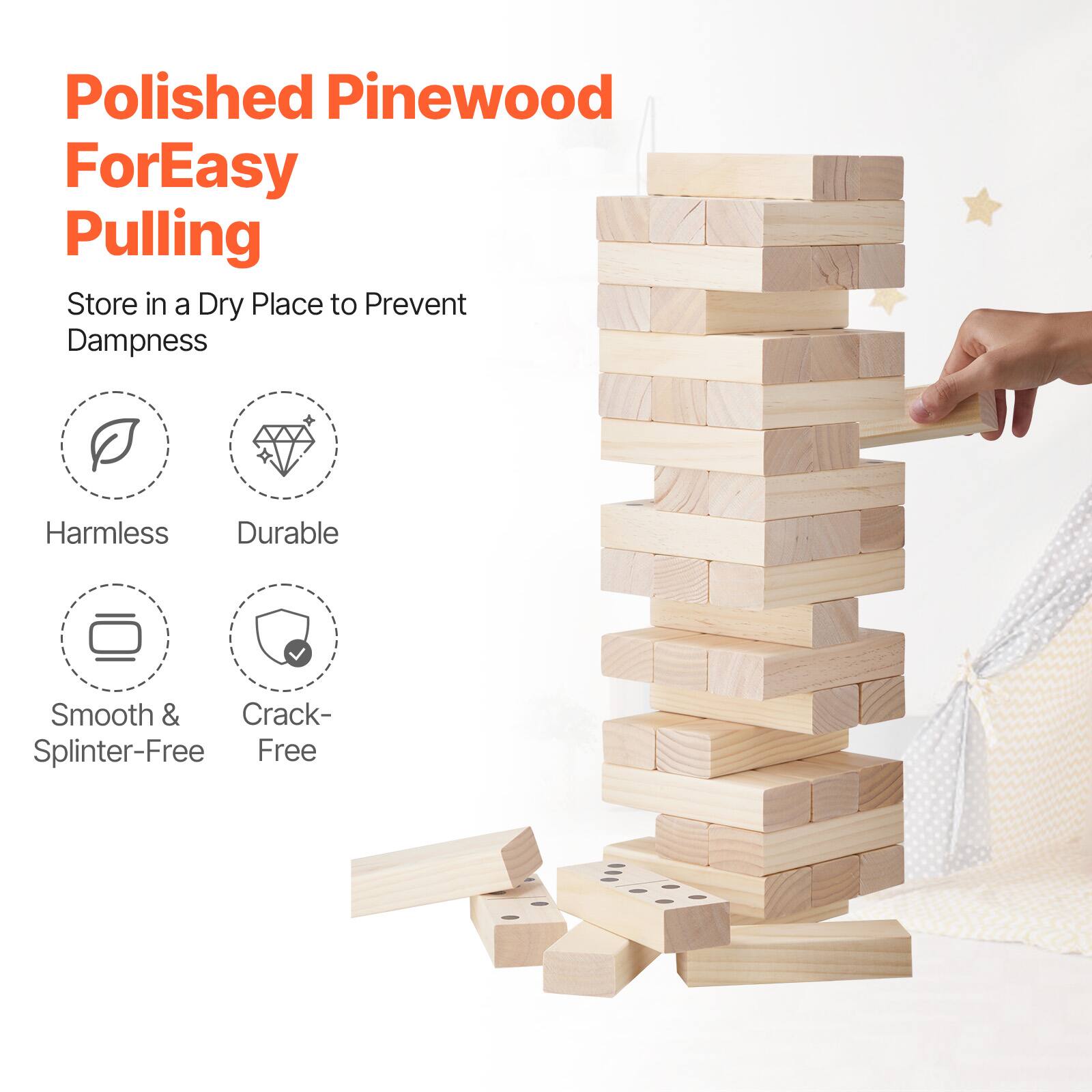 Polished Pinewood  
For Easy Pulling  

Store in a Dry Place to Prevent Dampness  

- Harmless  
- Durable  
- Smooth & Splinter-Free  
- Crack-Free
