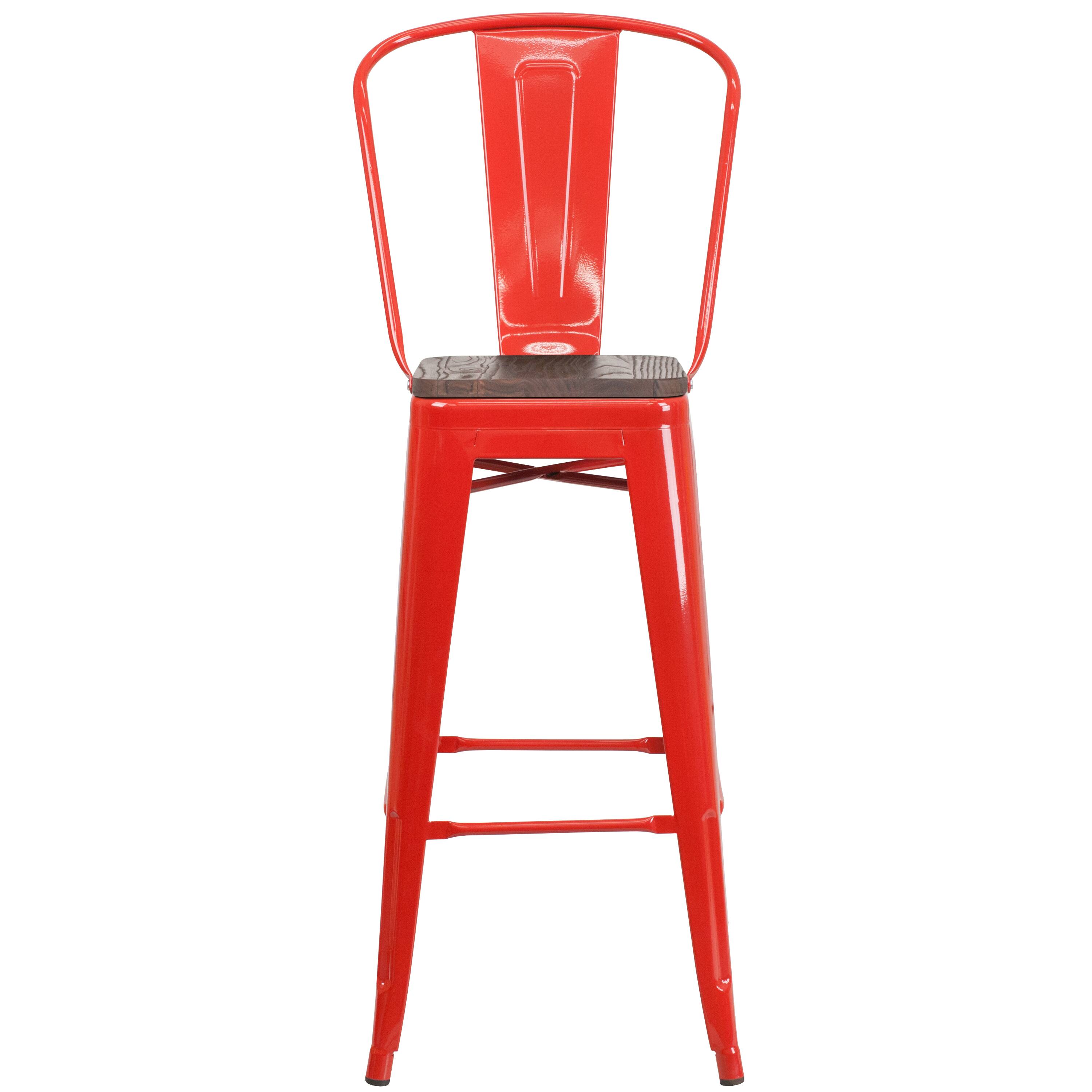 Alt View 5. Emma + Oliver - 30"H Metal Dining Barstool with Back and Square Wood Seat - Red.