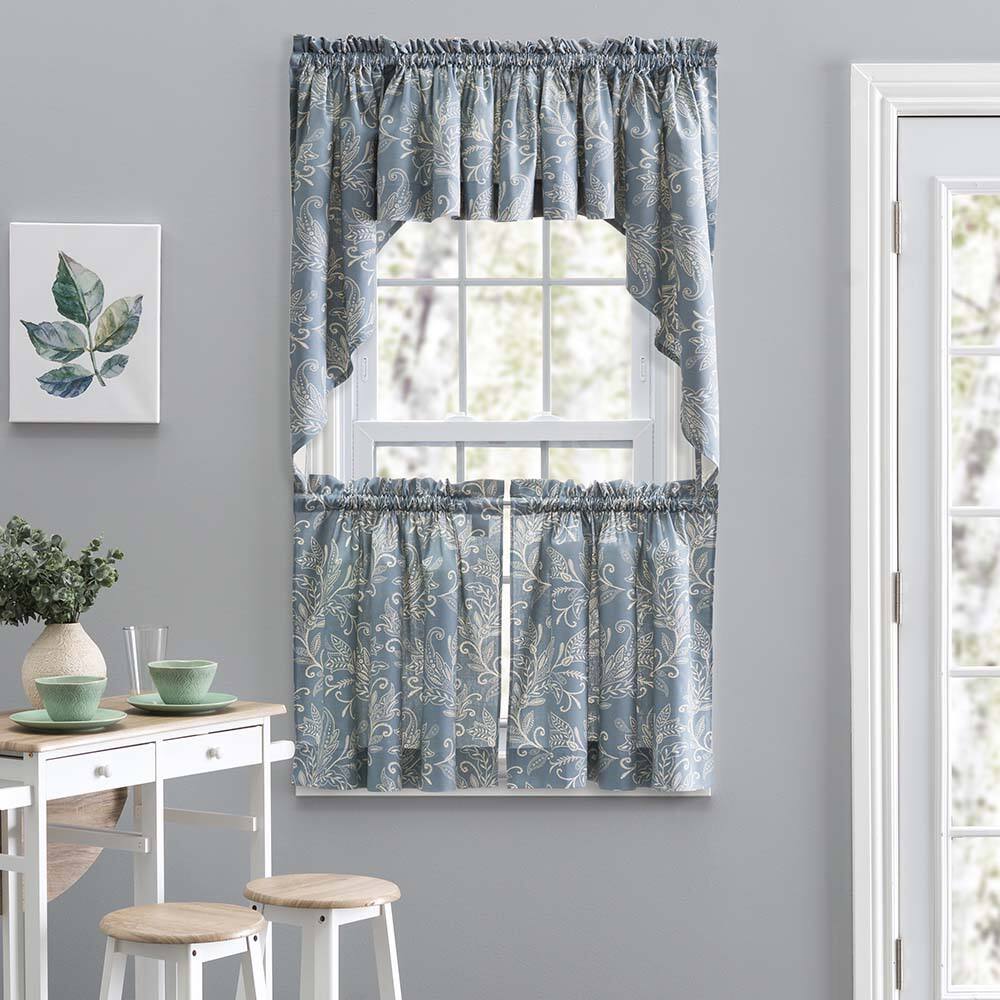 Left. Ellis Curtain - Ellis Curtain Lexington Leaf Pattern on Colored Ground Curtain Tiers 56"x36" Blue - Blue.
