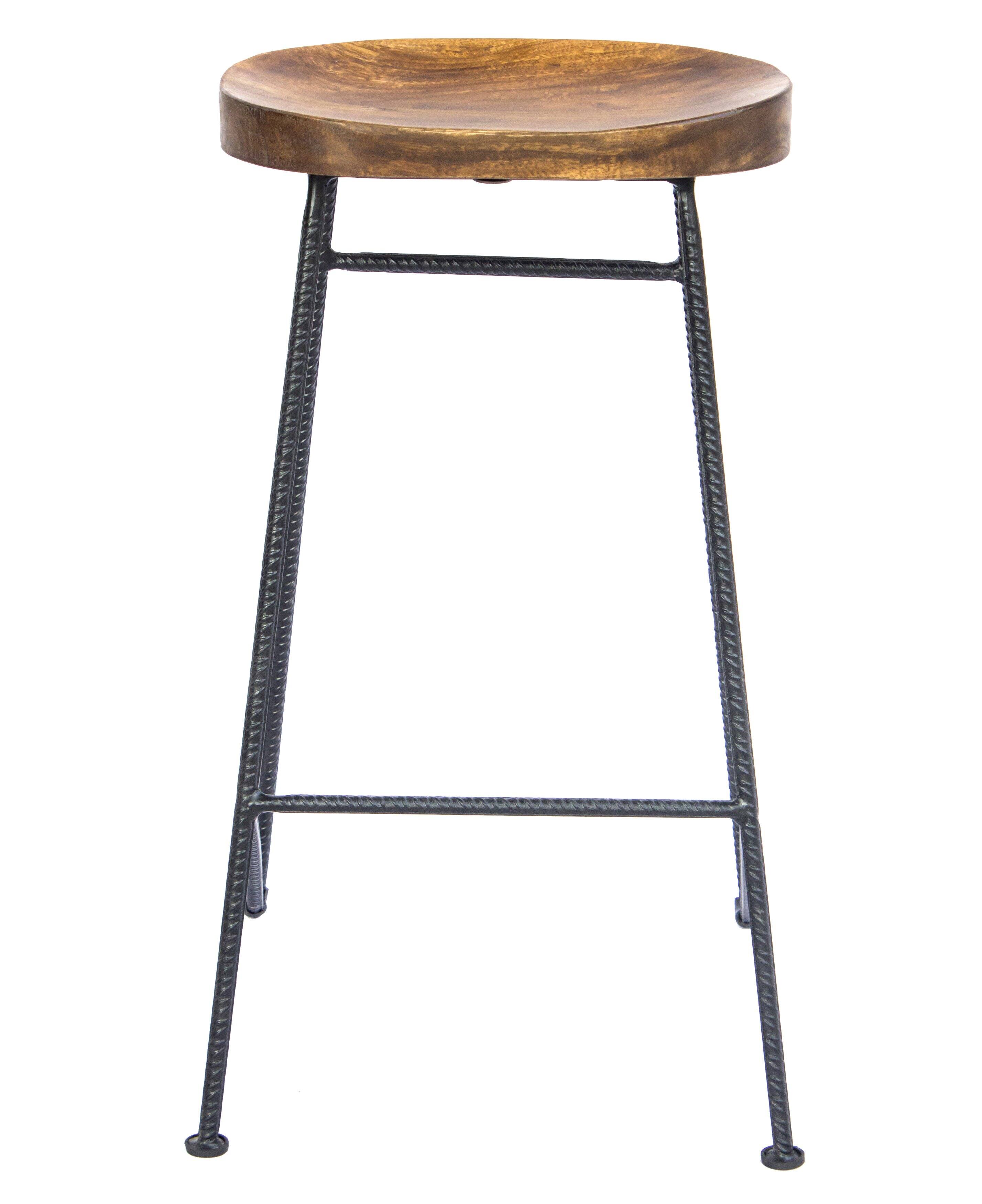 Alt View 1. Manhattan Lane - Jael 28 Inch Bar Stool with Mango Wood Saddle Seat, Iron Rod Legs - Brown and Black.