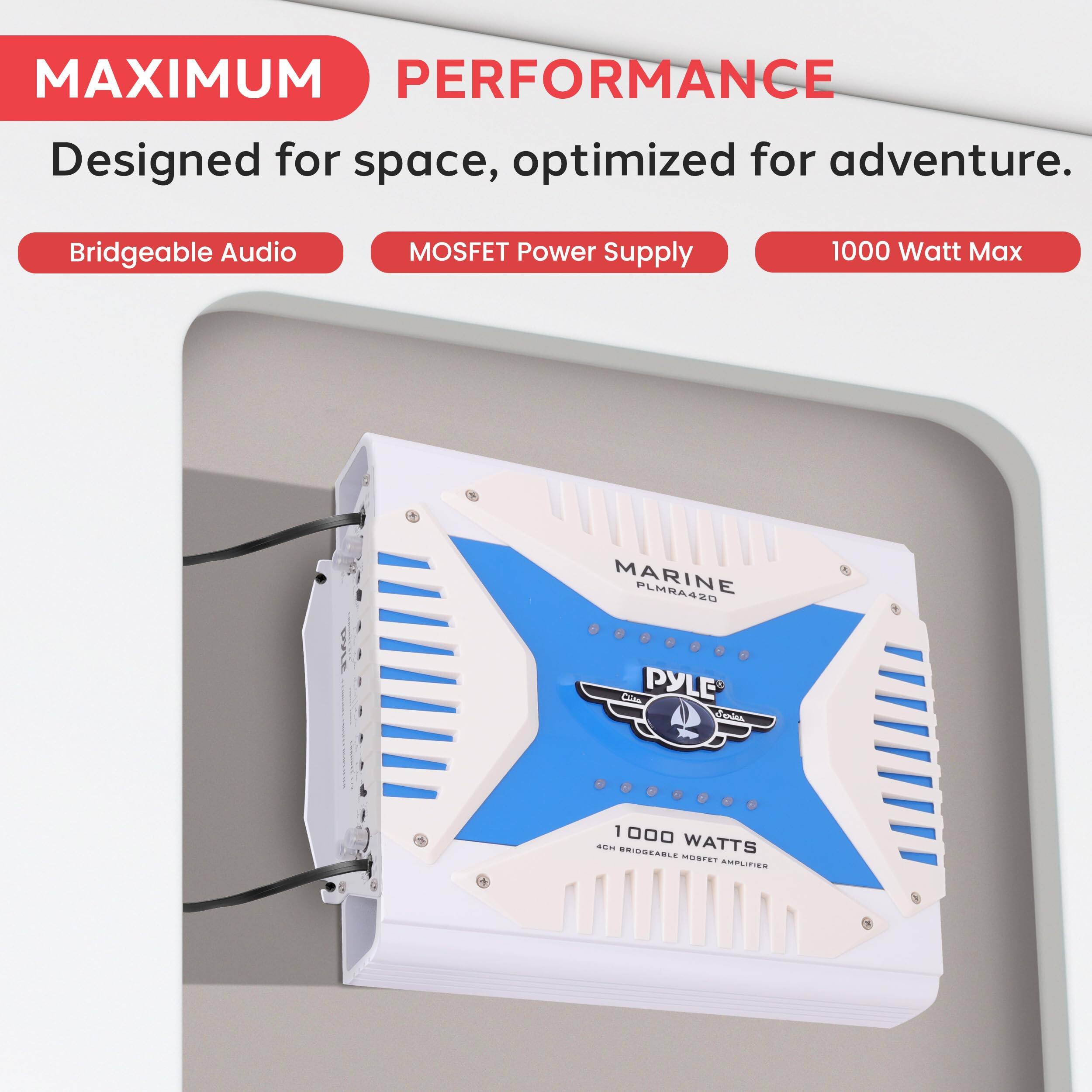 MAXIMUM PERFORMANCE  
Designed for space, optimized for adventure.  
Bridgeable Audio  
MOSFET Power Supply  
1000 Watt Max  

MARINE  
PLMRA420  

PYLE  
1000 WATTS  
4CH BRIDGABLE MOSFET AMPLIFIER