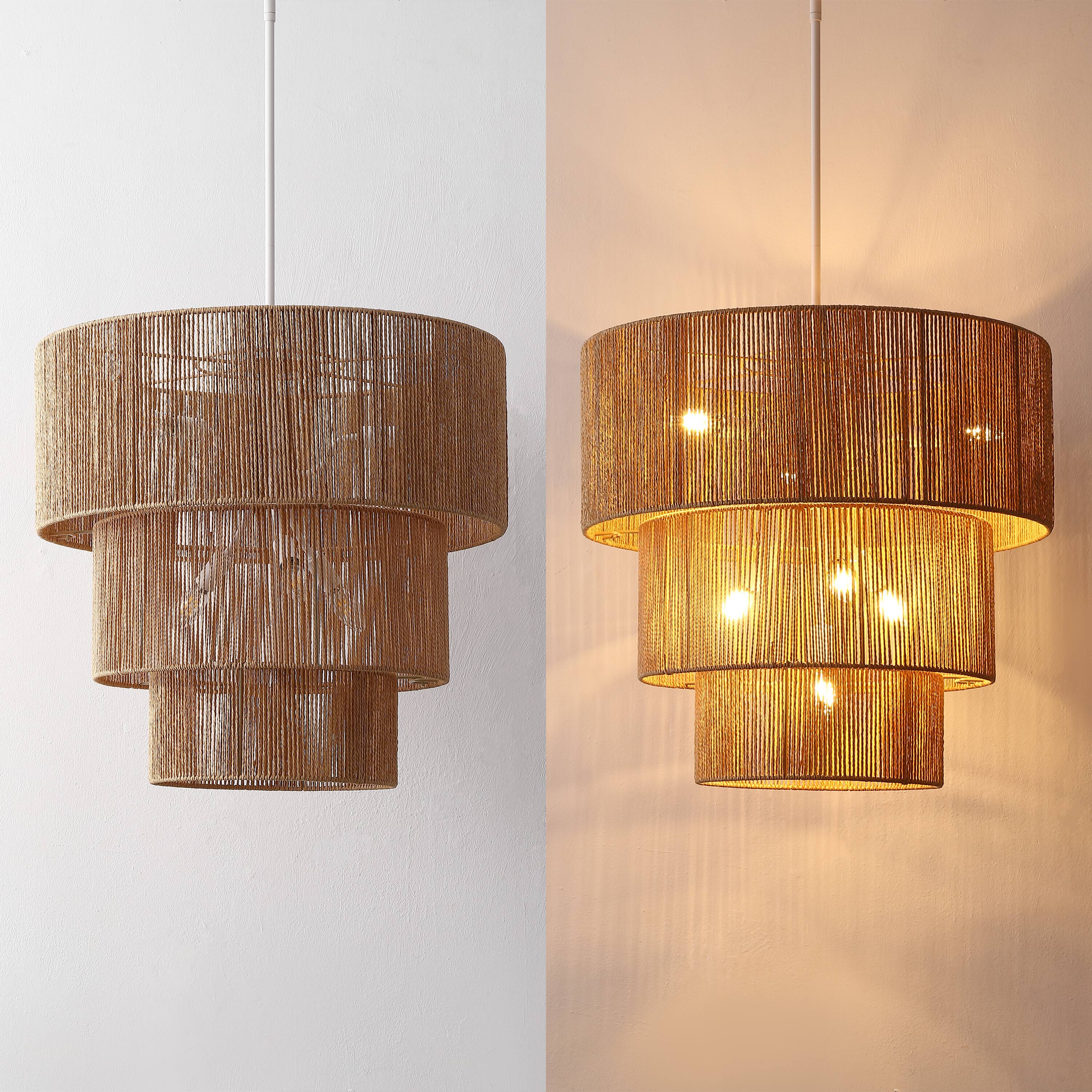 Alt View 6. Jonathan Y - Orson 24" Tiered Paper Rope Chandelier, Coastal 7-Light Woven Brown Shade with White Metal Canopy for Living Room - Brown.