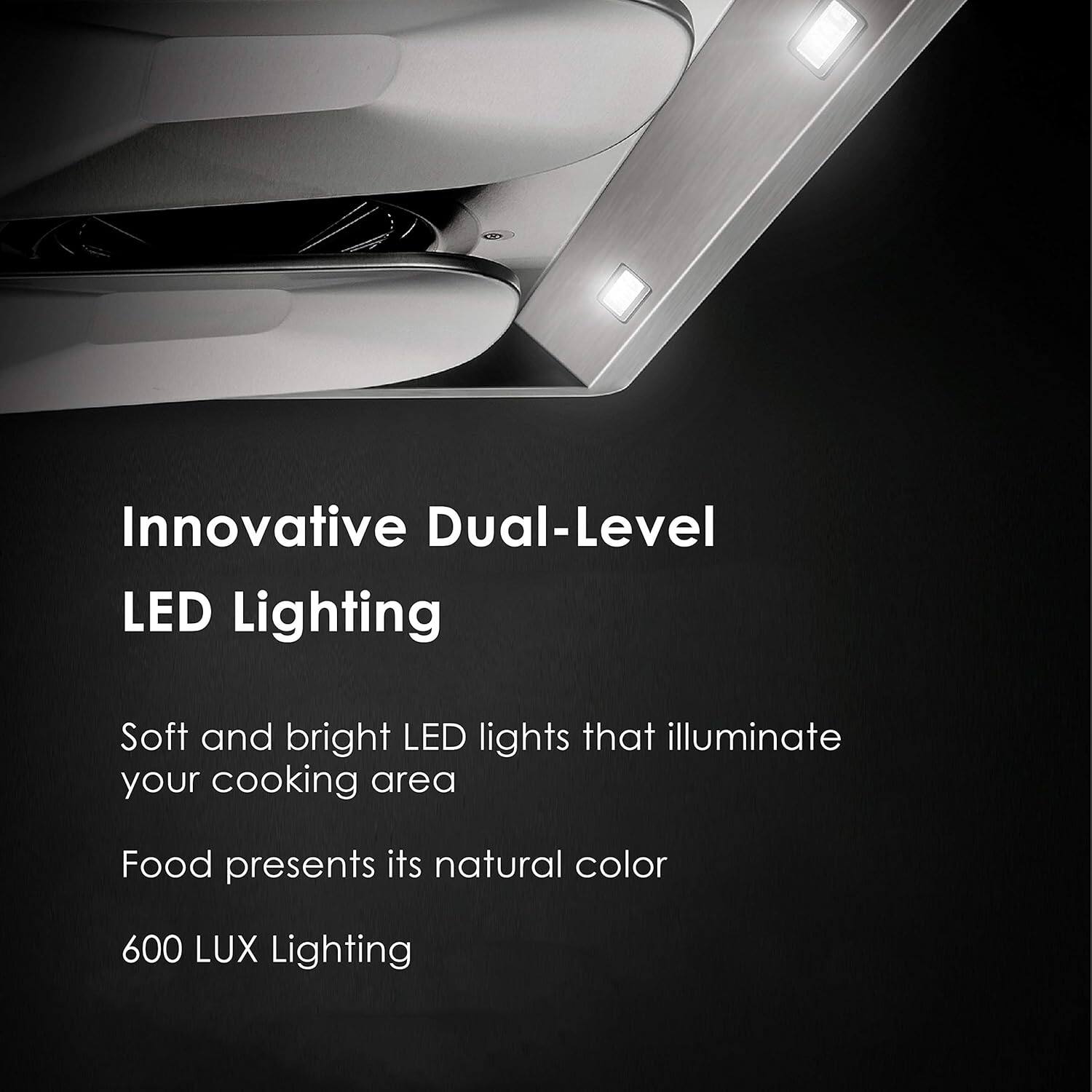 Innovative Dual-Level LED Lighting
Soft and bright LED lights that illuminate your cooking area
Food presents its natural color
600 LUX Lighting