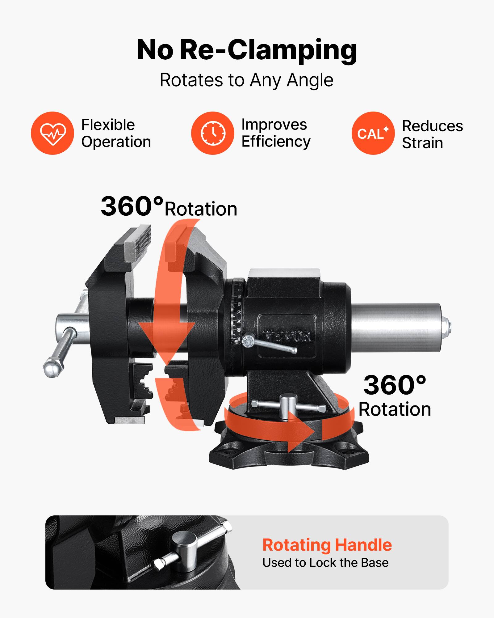 No Re-Clamping  
Rotates to Any Angle  
Flexible Operation Improves Efficiency + Reduces CAL Strain  
360° Rotation  
360° Rotation  
Rotating Handle Used to Lock the Base