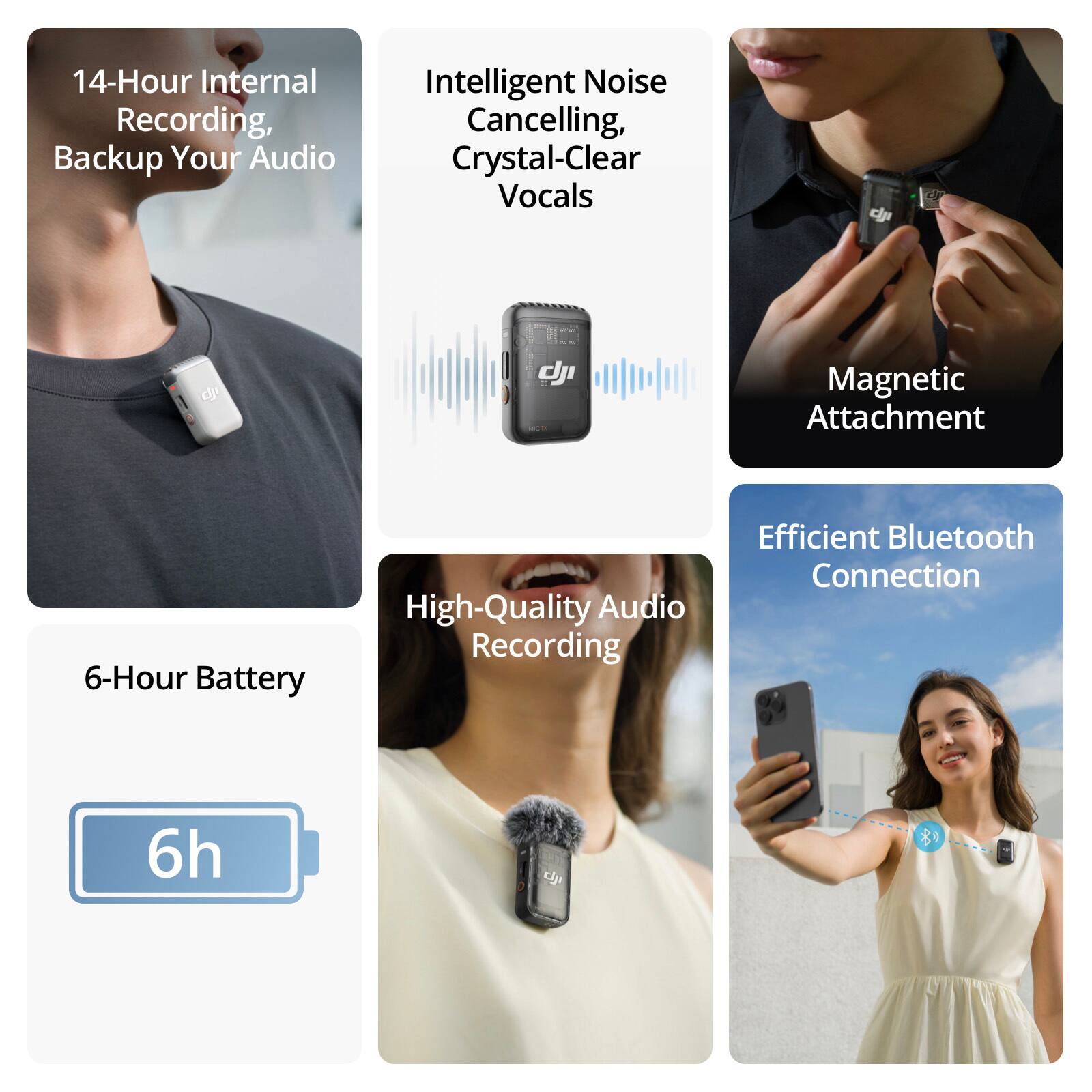 1. 14-Hour Internal Recording, Backup Your Audio
2. Intelligent Noise Cancelling, Crystal-Clear Vocals
3. Magnetic Attachment
4. 6-Hour Battery
5. High-Quality Audio Recording
6. Efficient Bluetooth Connection