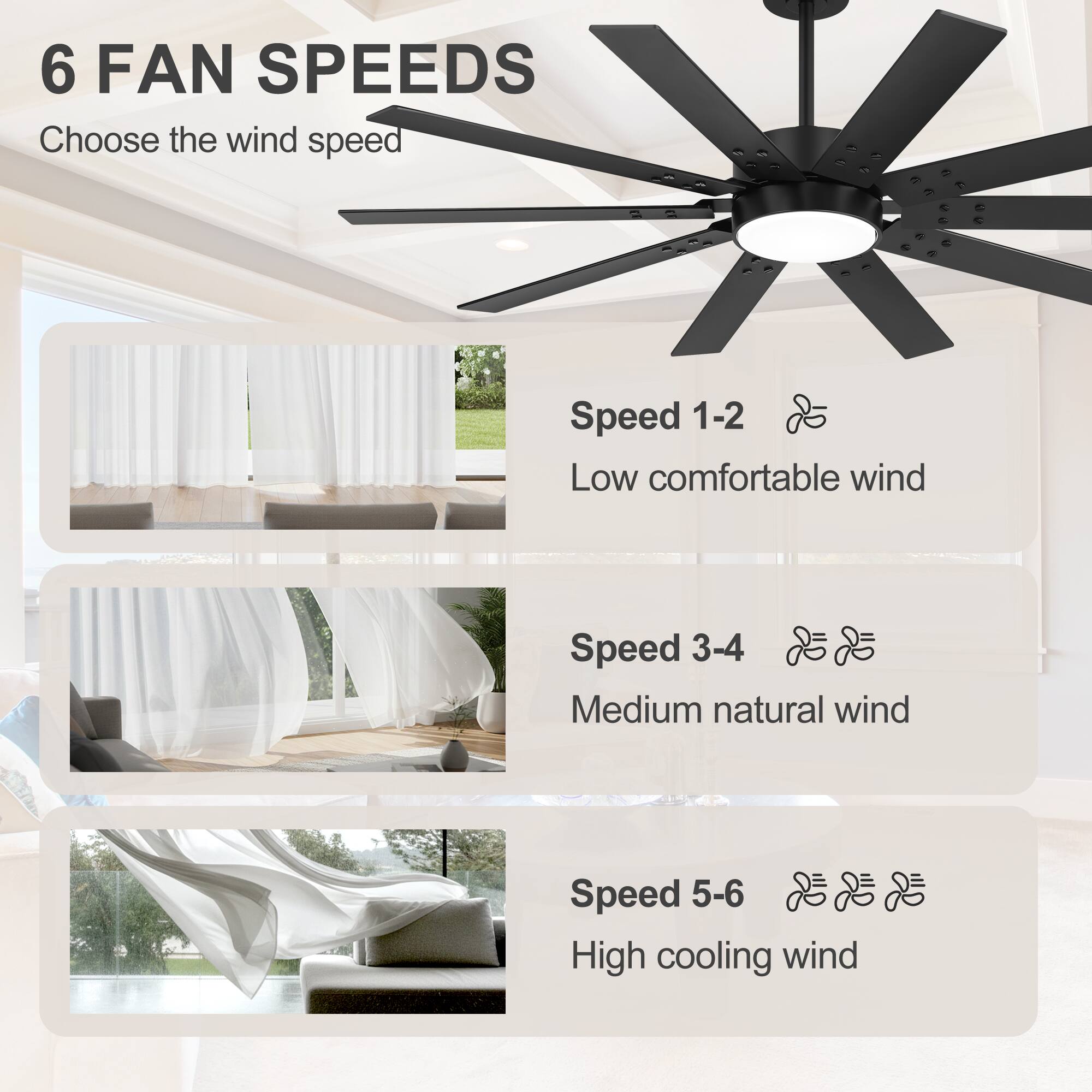 6 FAN SPEEDS  
Choose the wind speed

Speed 1-2  
Low comfortable wind

Speed 3-4  
Medium natural wind

Speed 5-6  
High cooling wind