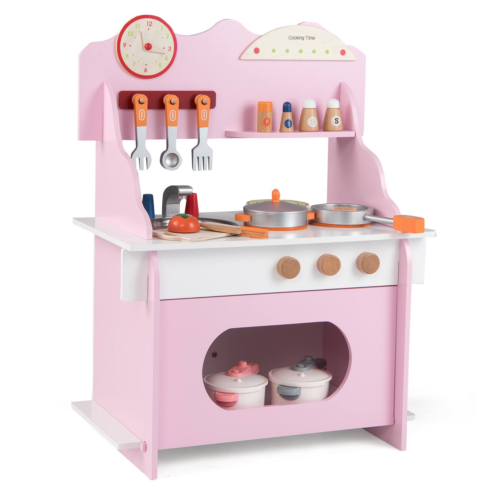 Gymax - Pretend Play Toy Kitchen Set w/Clock Stove Spice Rack Faucet & Sink & Oven White - Pink