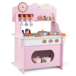 Gymax - Pretend Play Toy Kitchen Set w/Clock Stove Spice Rack Faucet & Sink & Oven White - Pink