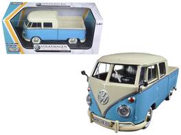 Volkswagen Type 2 (T1) Double Cab Pickup Truck 1/24 Diecast Model Car by Motormax - Light Blue And Cream