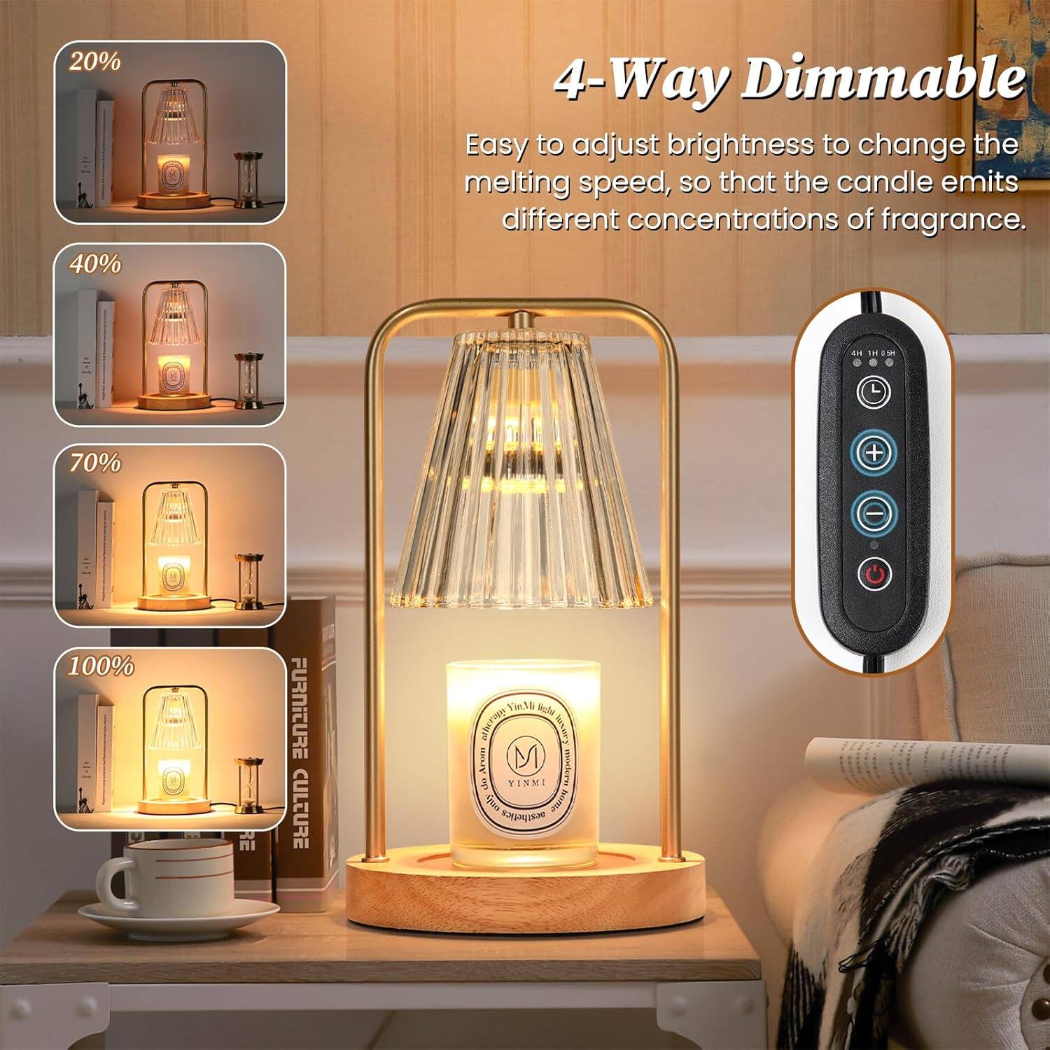 4-Way Dimmable

Easy to adjust brightness to change the melting speed, so that the candle emits different concentrations of fragrance.

20% 40% 70% 100%
