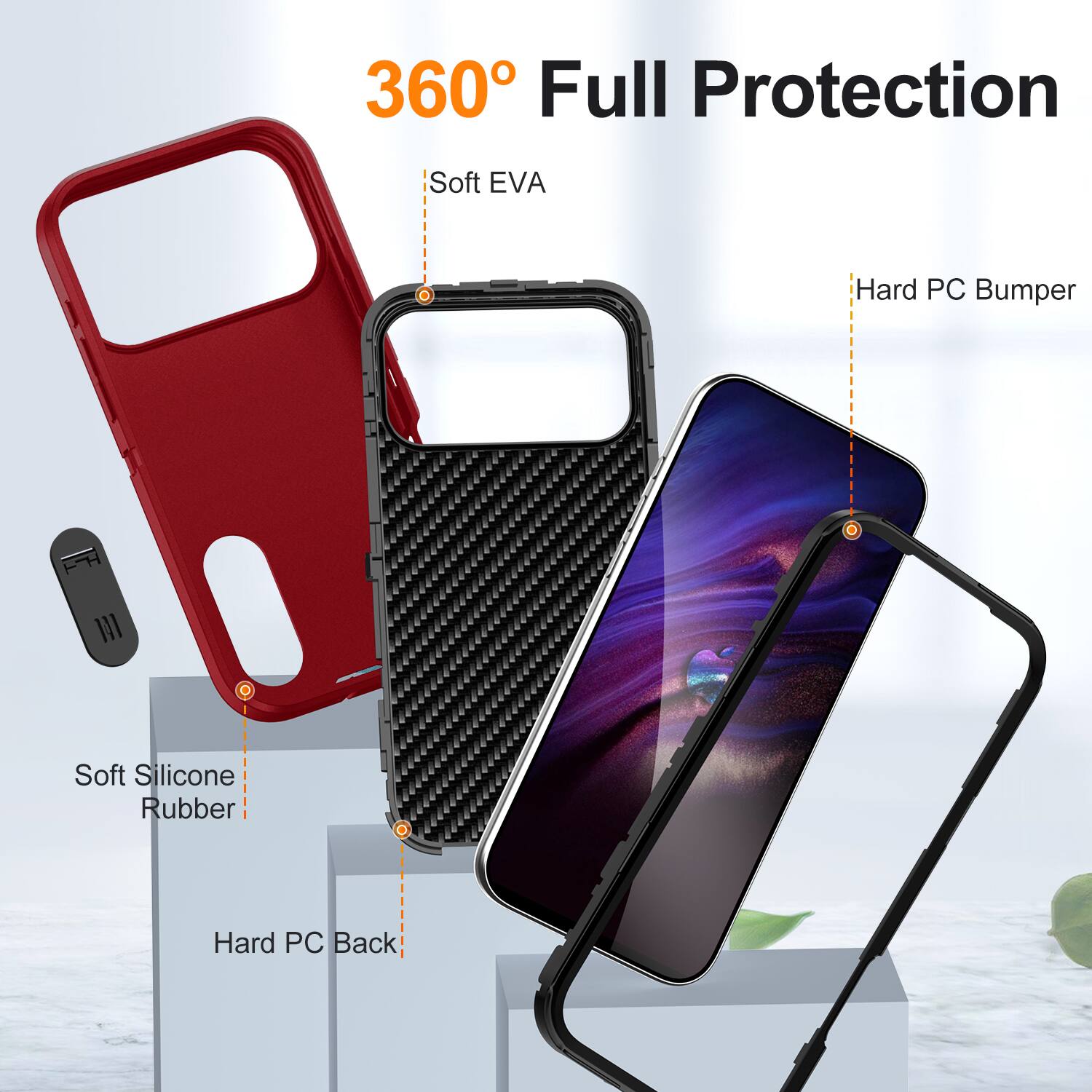 360° Full Protection

- Soft EVA
- Hard PC Bumper
- Soft Silicone Rubber
- Hard PC Back