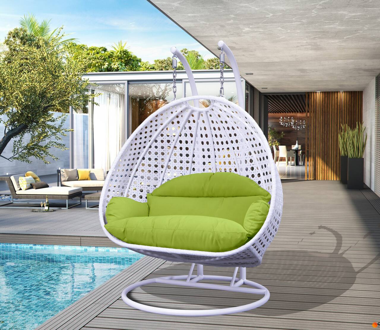Left. LeisureMod - Leisuremod Modern 2-Person Outdoor Egg Swing White Wicker Chair with Stand, Plush Washable Cushions & Waterproof Cover - Light Green.
