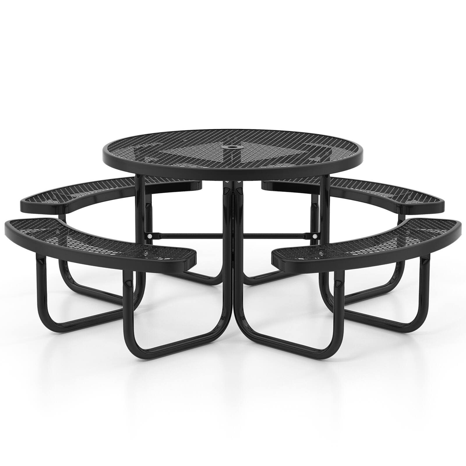 Front. Sugift - 45 Inches Outdoor Round Picnic Table and Bench Set for 8 with Umbrella Hole-Black - Black.