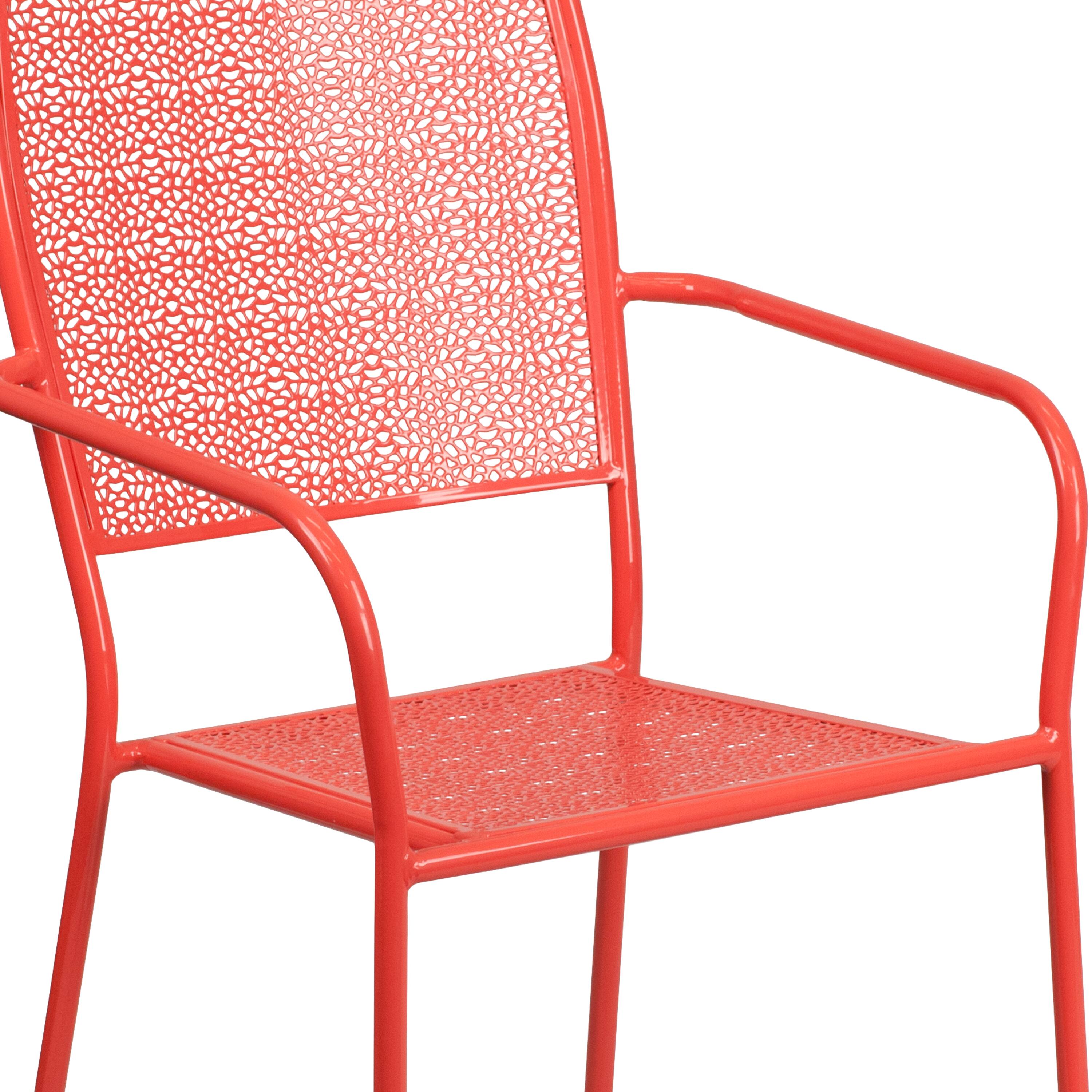 Alt View 8. Emma + Oliver - Commercial Grade Colorful Metal Patio Arm Chair with Square Back - Coral.
