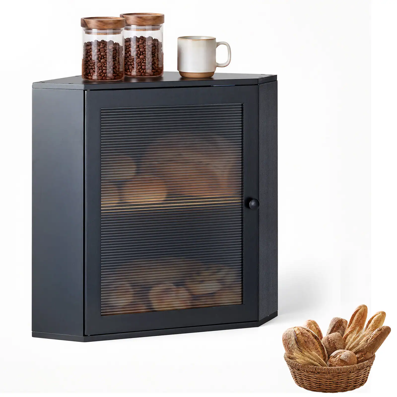 Front. VEVOR - Corner Bread Box for Kitchen Counter Bamboo Wood Container Black, for Homemade Bread, Under Cabinet, and Pantry - Black.
