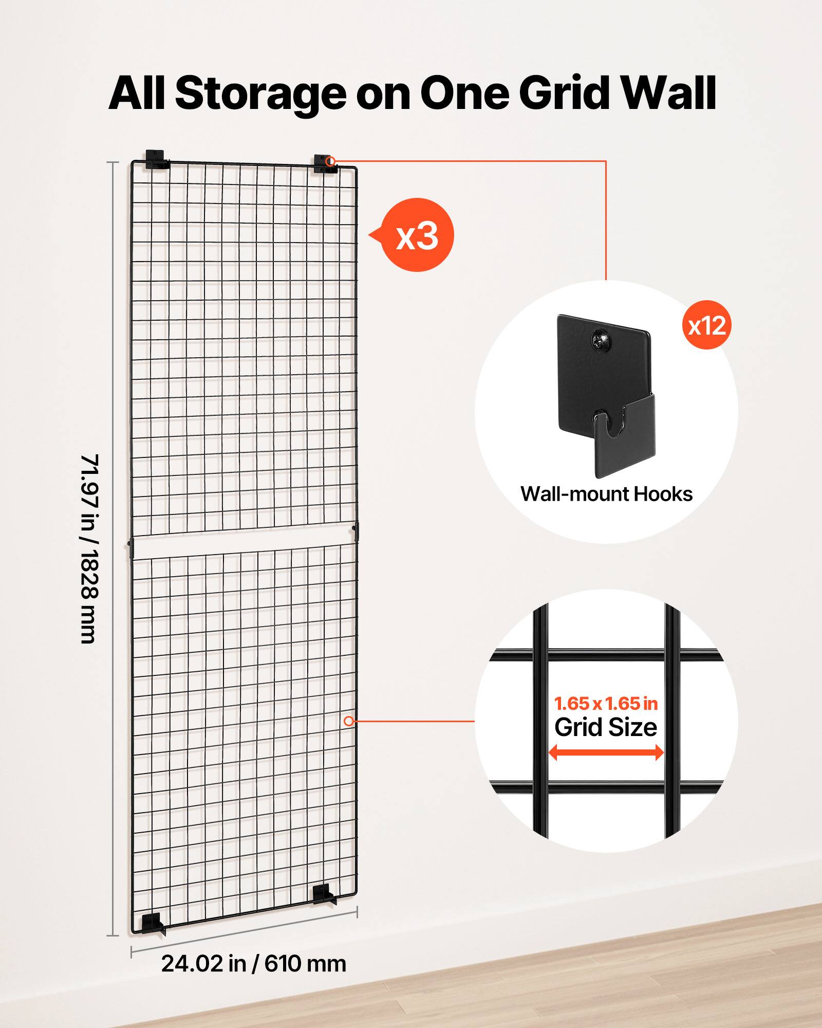All Storage on One Grid Wall

- Height: 71.97 in / 1828 mm
- Width: 24.02 in / 610 mm
- Grid Size: 1.65 x 1.65 in
- Wall-mount Hooks: x3
- Total Hooks: x12