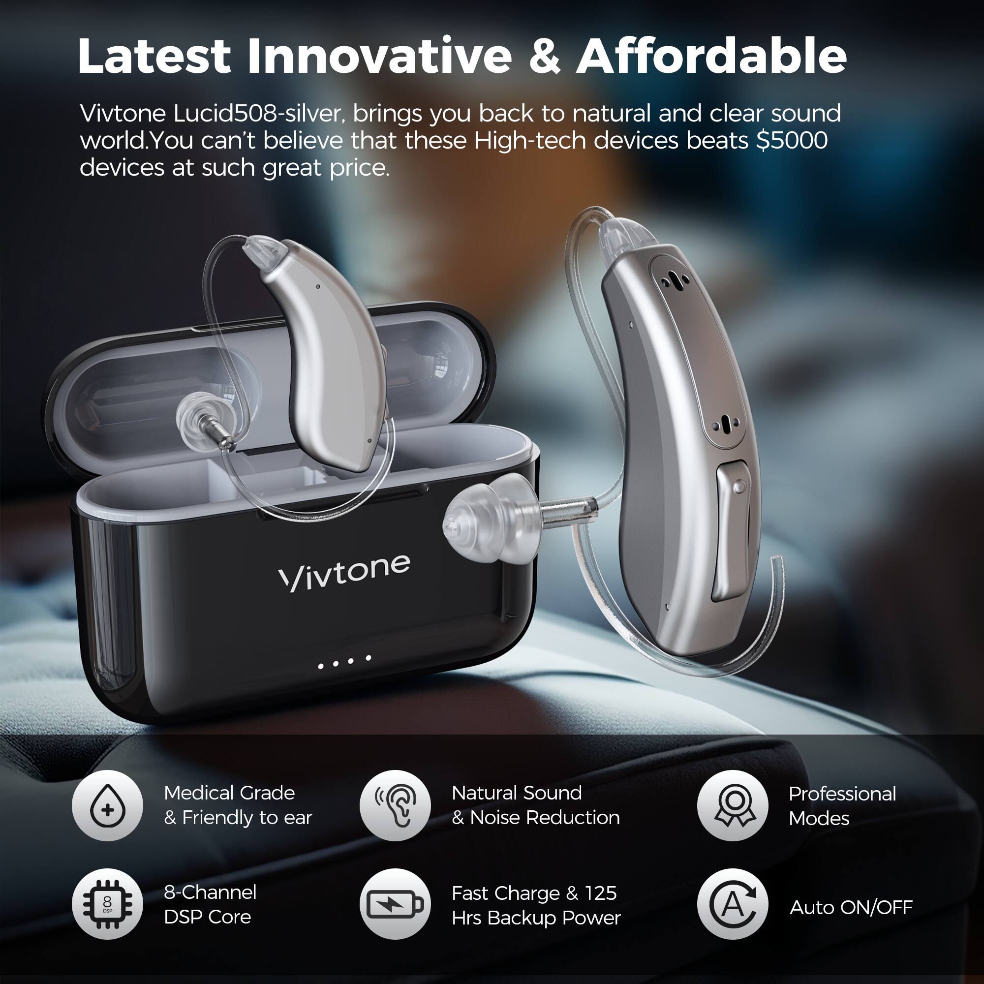 Latest Innovative & Affordable Vivtone Lucid508-silver, brings you back to natural and clear sound world. You can't believe that these High-tech devices beats $5000 devices at such great price. Vivtone + Medical Grade & Friendly to ear + Natural Sound & Noise Reduction + Professional Modes + 8-Channel DSP Core + Fast Charge & 125 Hrs Backup Power + Auto ON/OFF