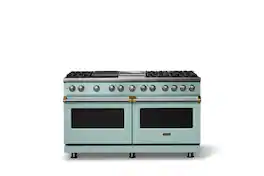 Viking - 60"W. 8 Burner Pro 5 Series 9.4 Cu. Ft. Freestanding Sealed Dual Fuel ConvectionRange with Brushed Brass Trim - Splash
