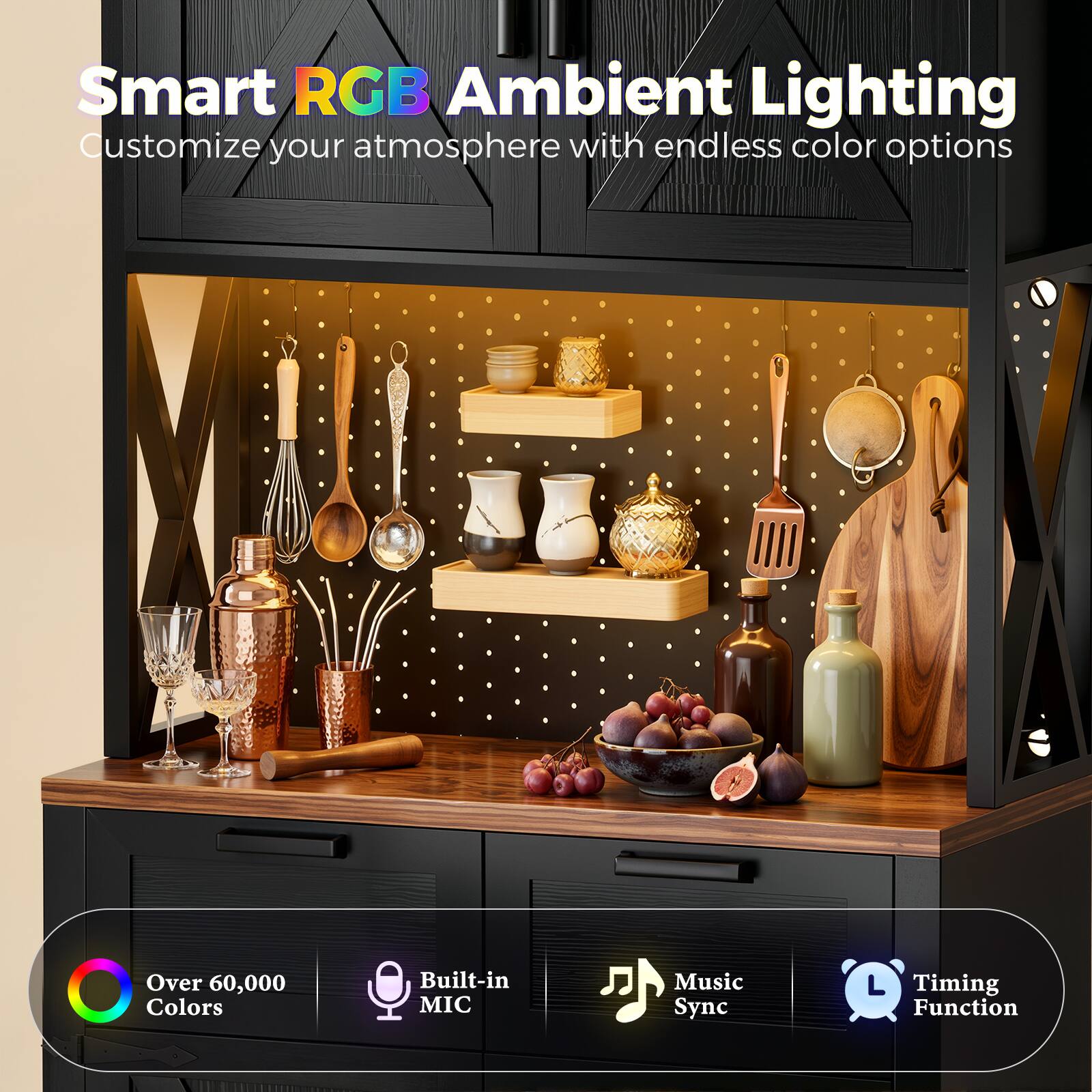 Smart RGB Ambient Lighting  
Customize your atmosphere with endless color options  
Over 60,000 Colors  
Built-in MIC  
Music Sync  
Timing Function