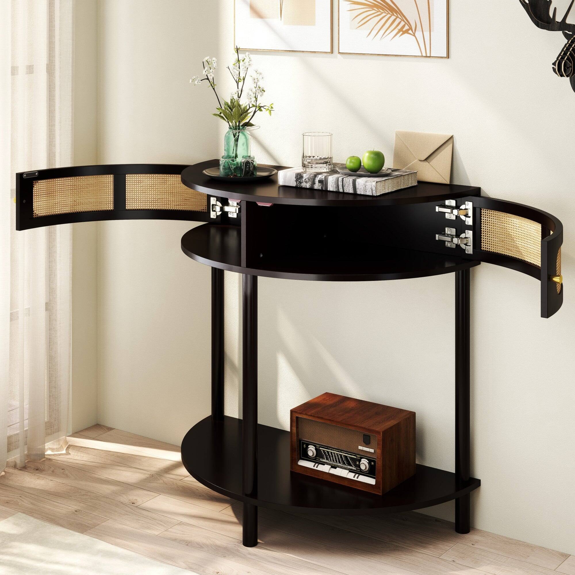 Alt View 5. Boyel Living - 31.88 in Boho Half Moon Console Table with Sliding Rattan Doors and Bottom Shelf Black - Black.