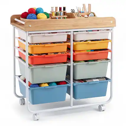 Front. Costway - Costway 10-Drawer Rolling Art & Craft Storage Cart with Wooden Tabletop, Lockable Wheels, Metal Frame & Handles - Natural + Macaron.