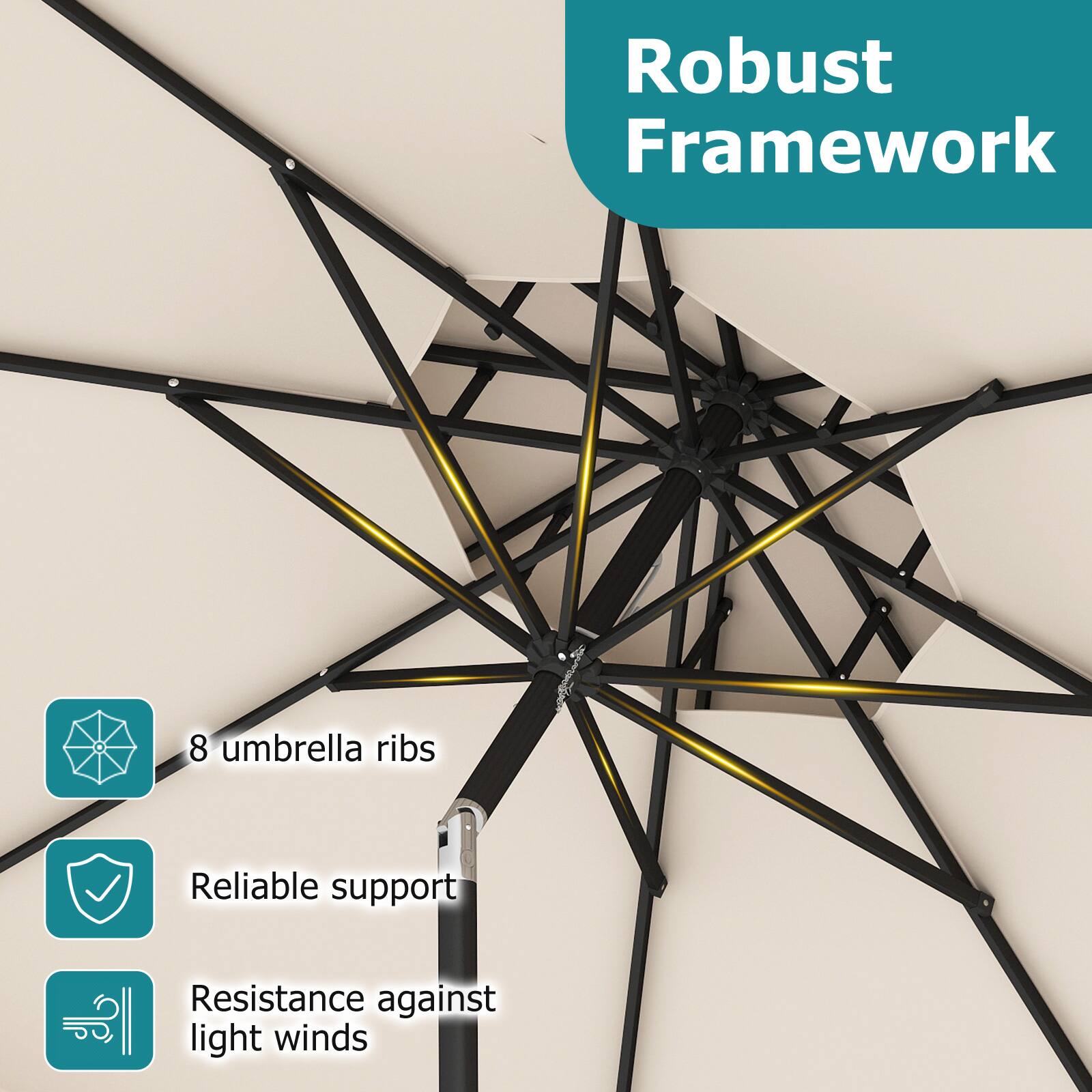 Robust Framework

- 8 umbrella ribs
- Reliable support
- Resistance against light winds