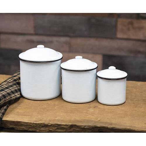 Front. BreeBe - *3/Set Black Rim Enamel Canisters - White.