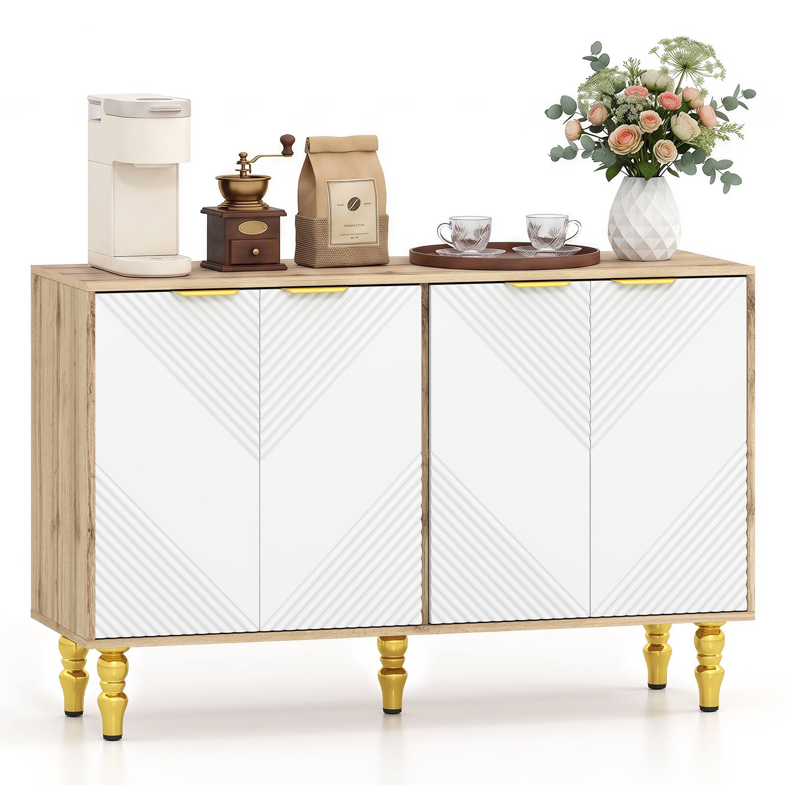 Alt View 1. Costway - Costway 47" Sideboard Buffet Cabinet Coffee Bar Storage with 4 Chevron Fluted Doors - Natural and White.
