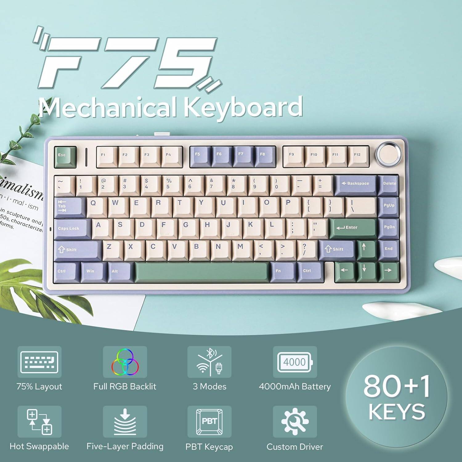 F75 Mechanical Keyboard

Esc F1 F2 F3 F4 F5 F6 F7 F8 F9 F10 F11 F12

1 2 3 4 5 6 7 8 9 0 - = Backspace

Tab Q W E R T Y U I O P [ ] \

Caps Lock A S D F G H J K L ; '

Shift Z X C V B N M , . /

Shift

Ctrl Win Alt

Enter

PgUp PgDn End Home

75% Layout

Full RGB Backlit

3 Modes

4000mAh Battery

80+1 Keys

Hot Swappable

Five-Layer Padding

PBT Keycap

Custom Driver