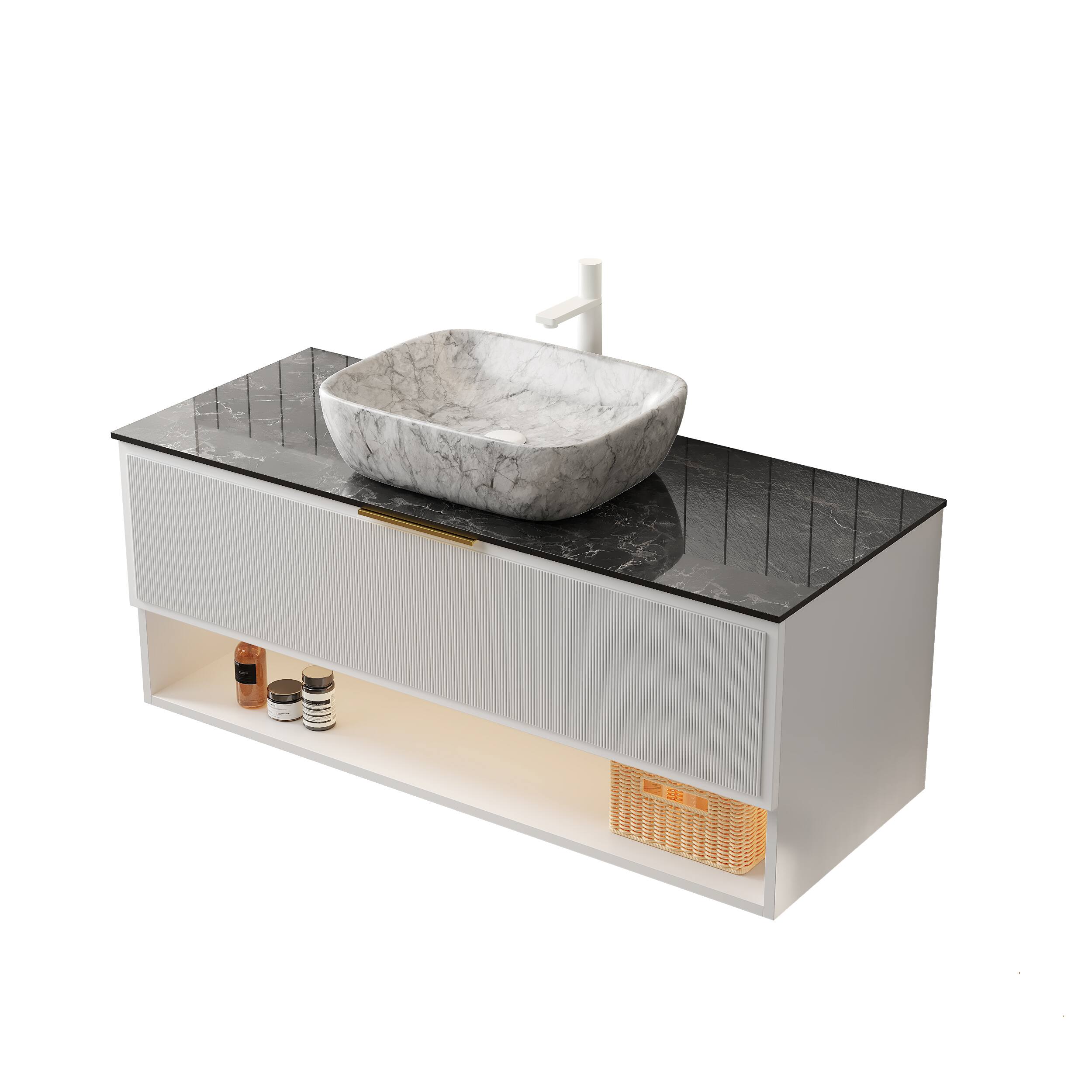 Back. APRILSOUL - 48 inch Floating Bathroom Vanity Plywood 2 Drawers Sensor Light Marble Basin White - Black,Stone Gray,White.