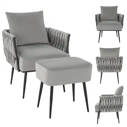 Front. Costway - Modern Dutch Velvet Accent Chair and Ottoman Set - Gray.