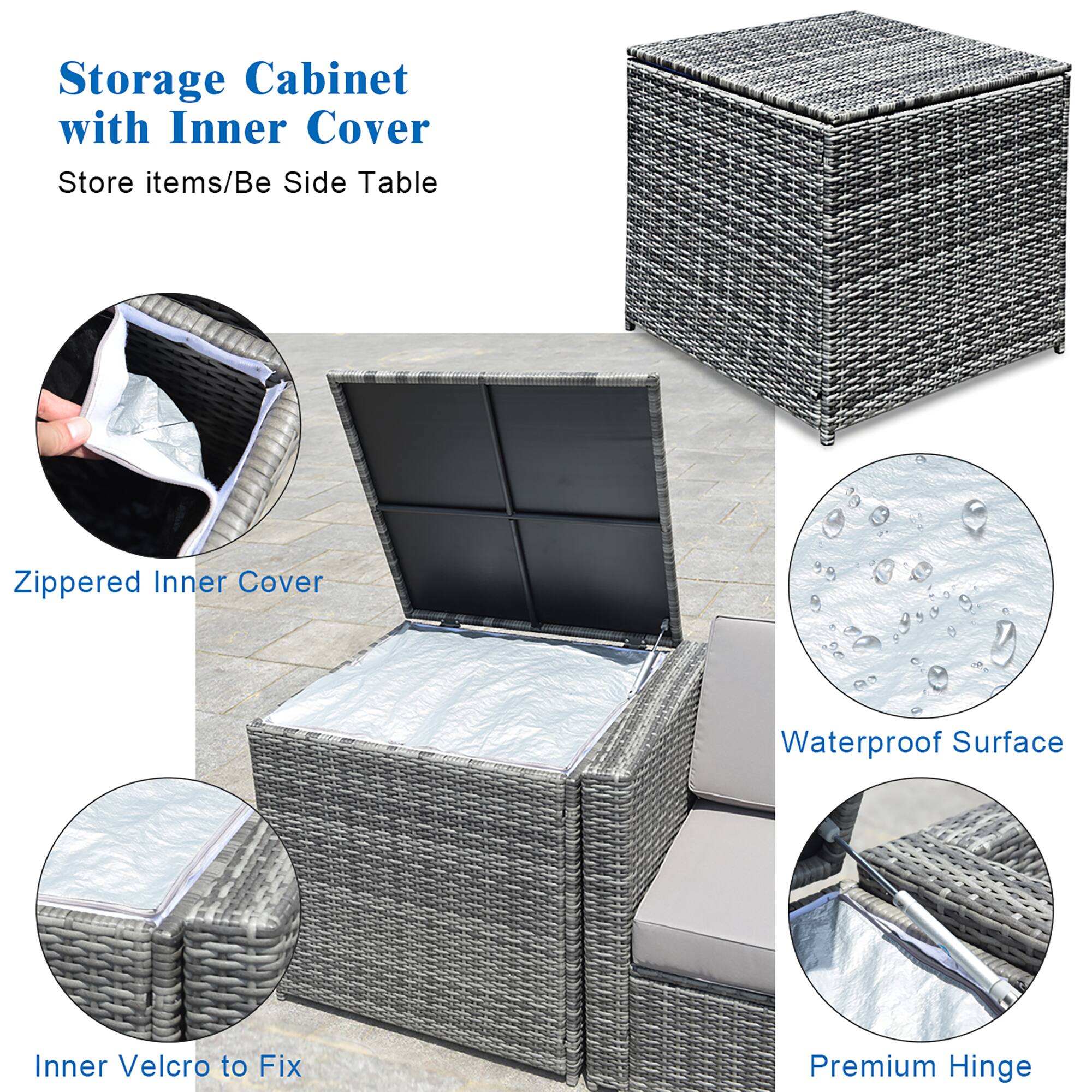 Storage Cabinet with Inner Cover: Store items/Be Side Table. Zippered Inner Cover. Waterproof Surface. Inner Velcro to Fix. Premium Hinge.