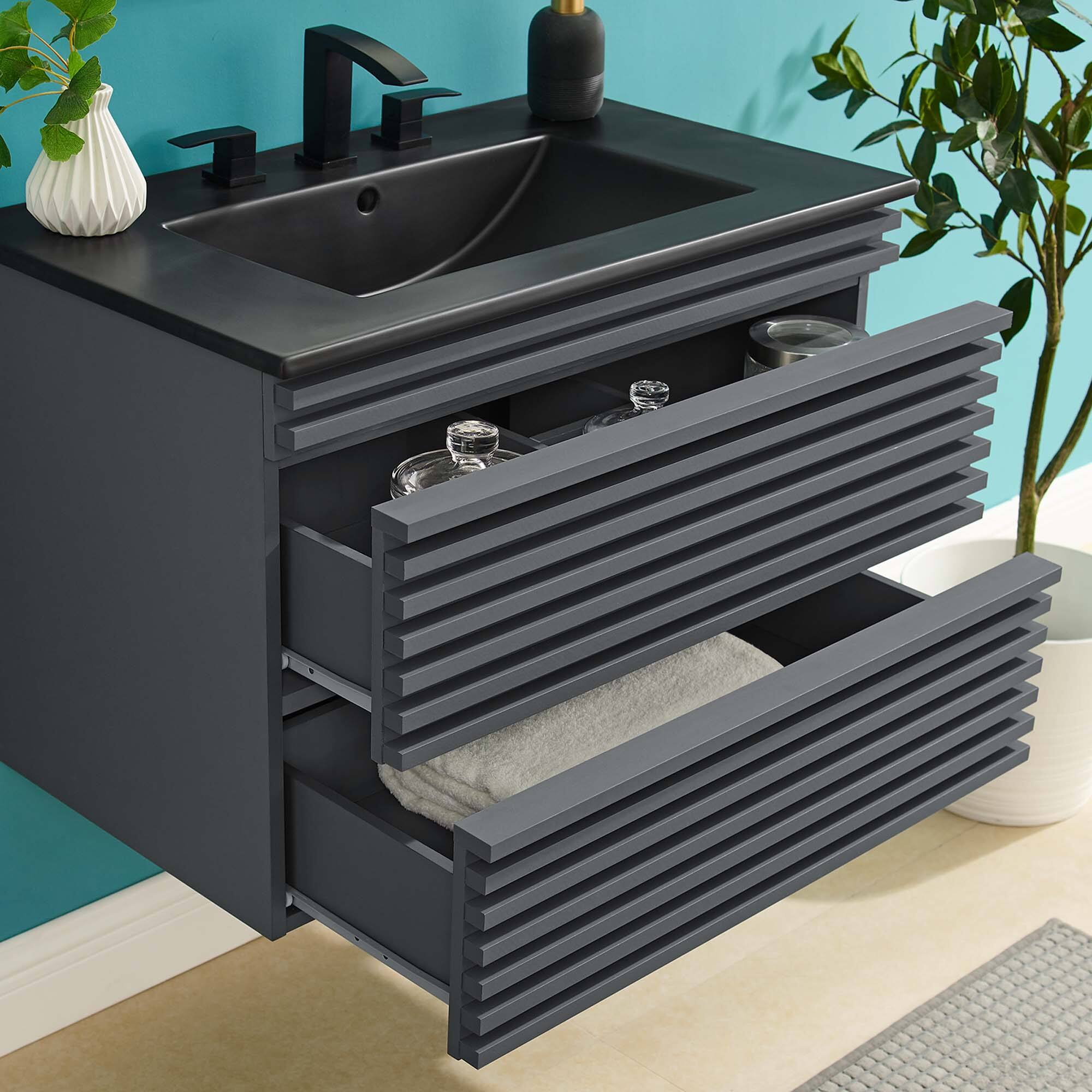 Back. Modway - Render Wall-Mount Bathroom Vanity with Black Basin Included - Gray Black.