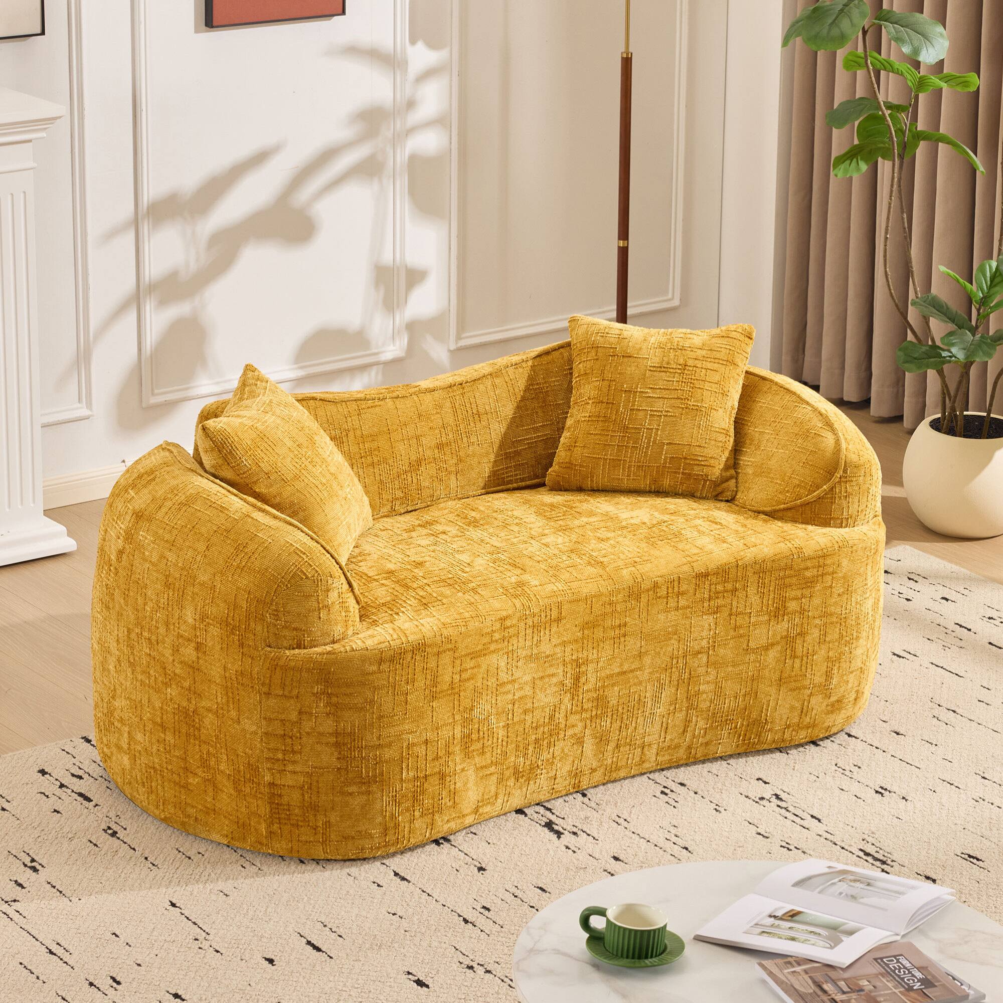 Alt View 5. GOODSILO - Curved Two-Person Compression Sofa with Pillows for Small Spaces - Yellow.