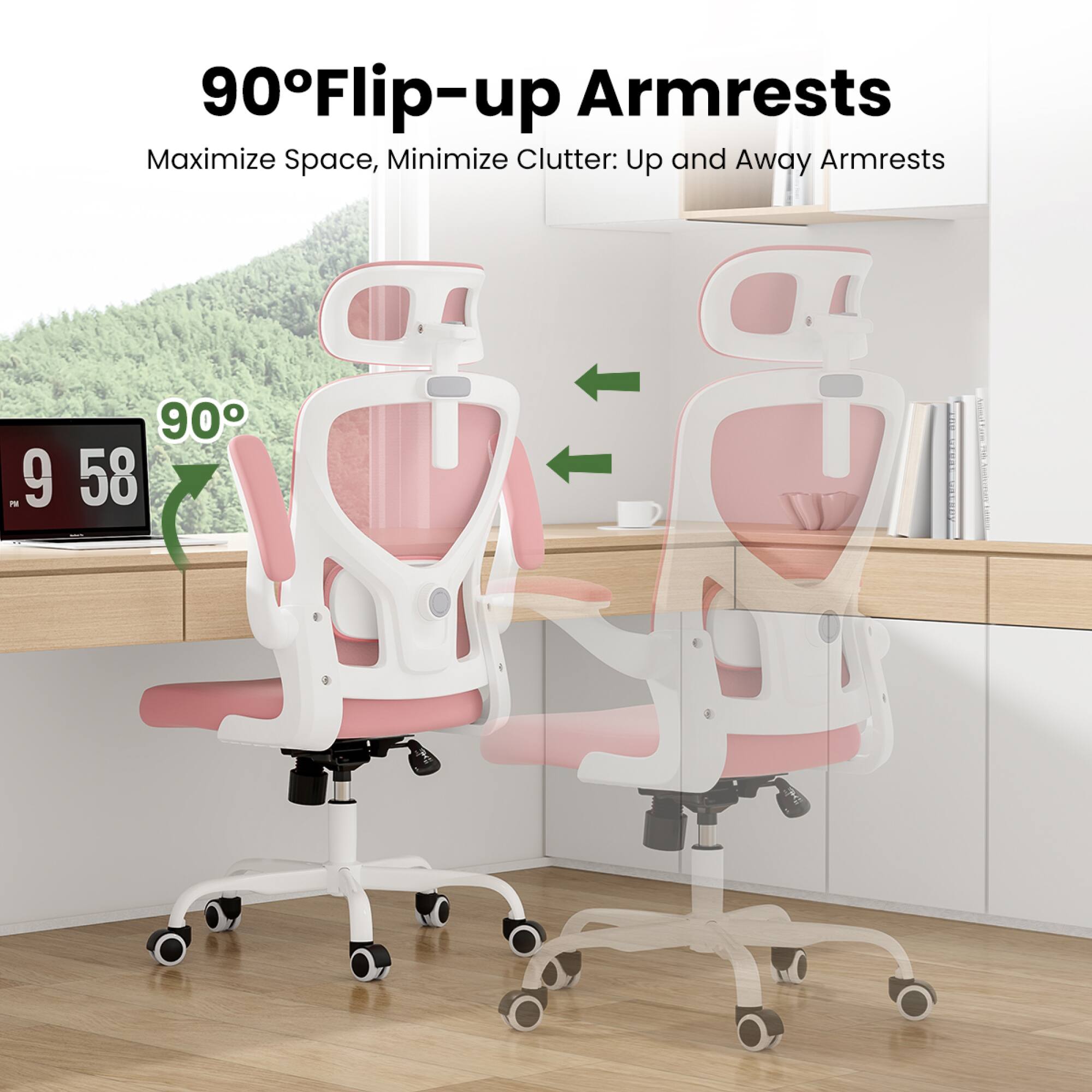 90° Flip-up Armrests  
Maximize Space, Minimize Clutter: Up and Away Armrests
